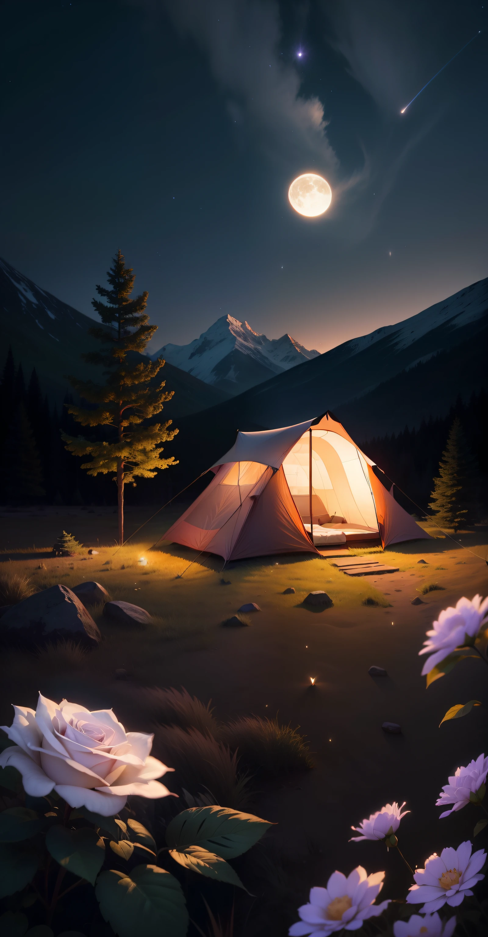 Expansive landscape photograph,(look from down,Above is the sky,Below is an open lawn),Triangle tent,A young couple looking at the stars,starrysky,(moon full:1.2),(meteors:0.9),(Starcloud:1.3),Triangle tent,Hillside camping tents, bonfires, luz de velas,Rose blanche,Other details,Far Mountain, Tree BREAK making art,(Warm light source:1.2),(glowworm:1.2),lamp lights,Lots of purple and orange,Complicated details,Volumetriclighting,Realism BREAK,Natural elements in camping theme。Mysterious mountain view,Beautiful summer night sky,great outdoors,Surrounded by white roses,Delicate leaves and branches are surrounded by fireflies(nature elements),("camping" Theme),(glowworm),(Particle effect)and other 3D, Octane rendering,Ray traching,Super meticulous