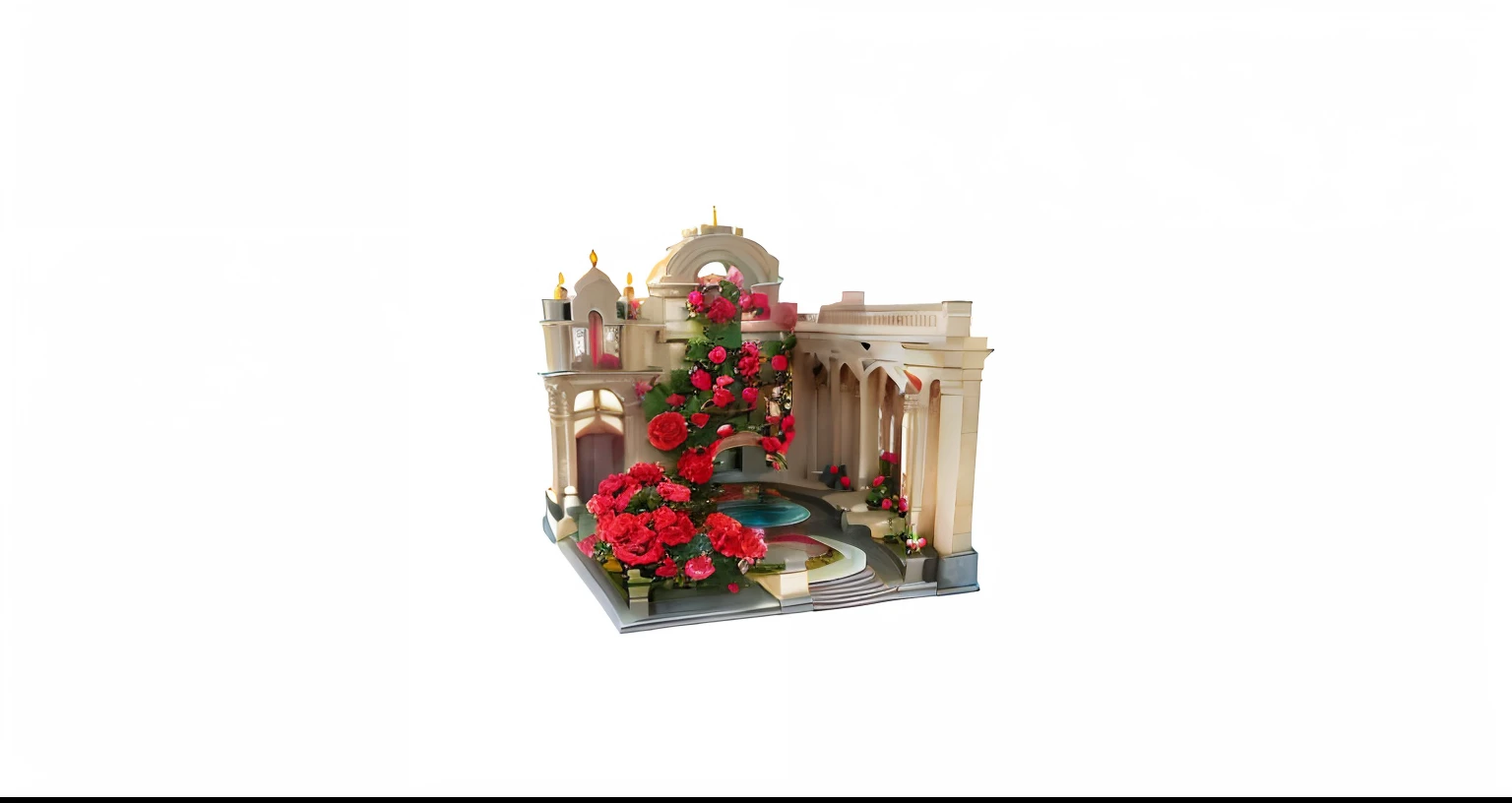 There is a small model of a building with a fountain, the grand temple of flowers, flower shop scene, magister, portal made of roses, Rose garden, detailed intricate render, urban plaza, By senior artists, victorian city, magicavoxel cinematic lighting, establishing shot, ornate city ruins, Flower Street