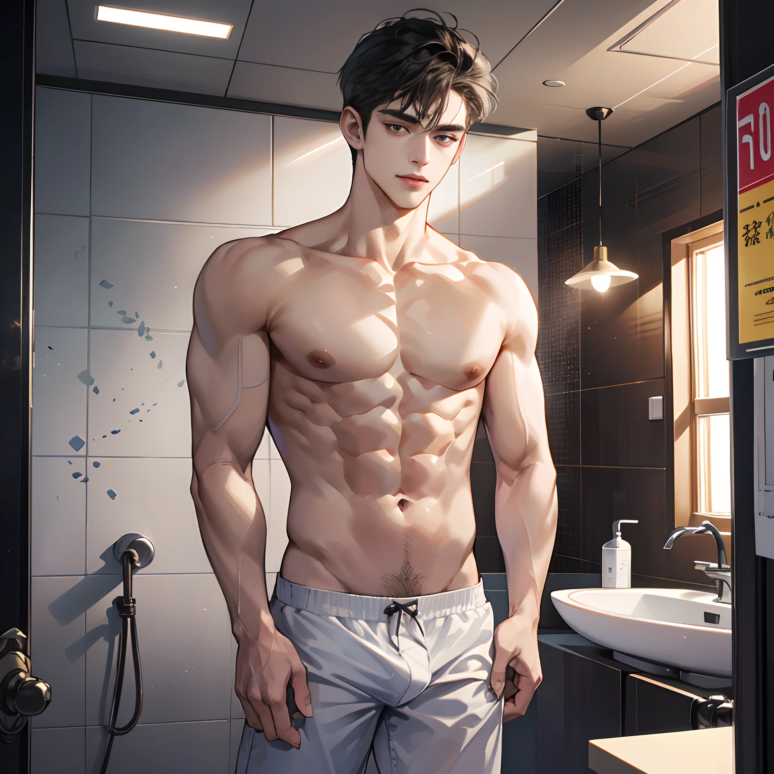 (absurderes, A high resolution, Ultra detailed, hdr), Masterpiece, Best quality, Handsome boy, Detailed face, nakeness，Abs，Professional photo, The Alafed man is shirtless, Stand comfortably，standing on your feet，whole body picture，upper legs，small thighs，Long legs with their legs open, Focus on your audience,18 year old boy, Handsome boy, [ Firmly defined body ]，with fair skin，The light is even，Smooth shoulders，鎖骨，Short broken hair，Youth，18yr old，Slim young handsome guy，White  socks，The crotch protrudes，Eight-pack abs，high qulity，high detal，Handsome，Realiy，large bulge，The upper body is naked
bathroom， vivd colour， Sexual tension， Grease luster， cinmatic lighting ， wide angles， tmasterpiece， best qualtiy， ultra - detailed， 16k，