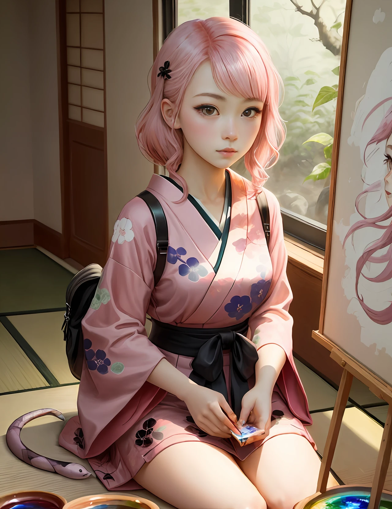Pink-haired girl，Two-dimensional painting style，Snake pupils，crystal，Japanese painting style，adolable，teens girl，Beth，JK