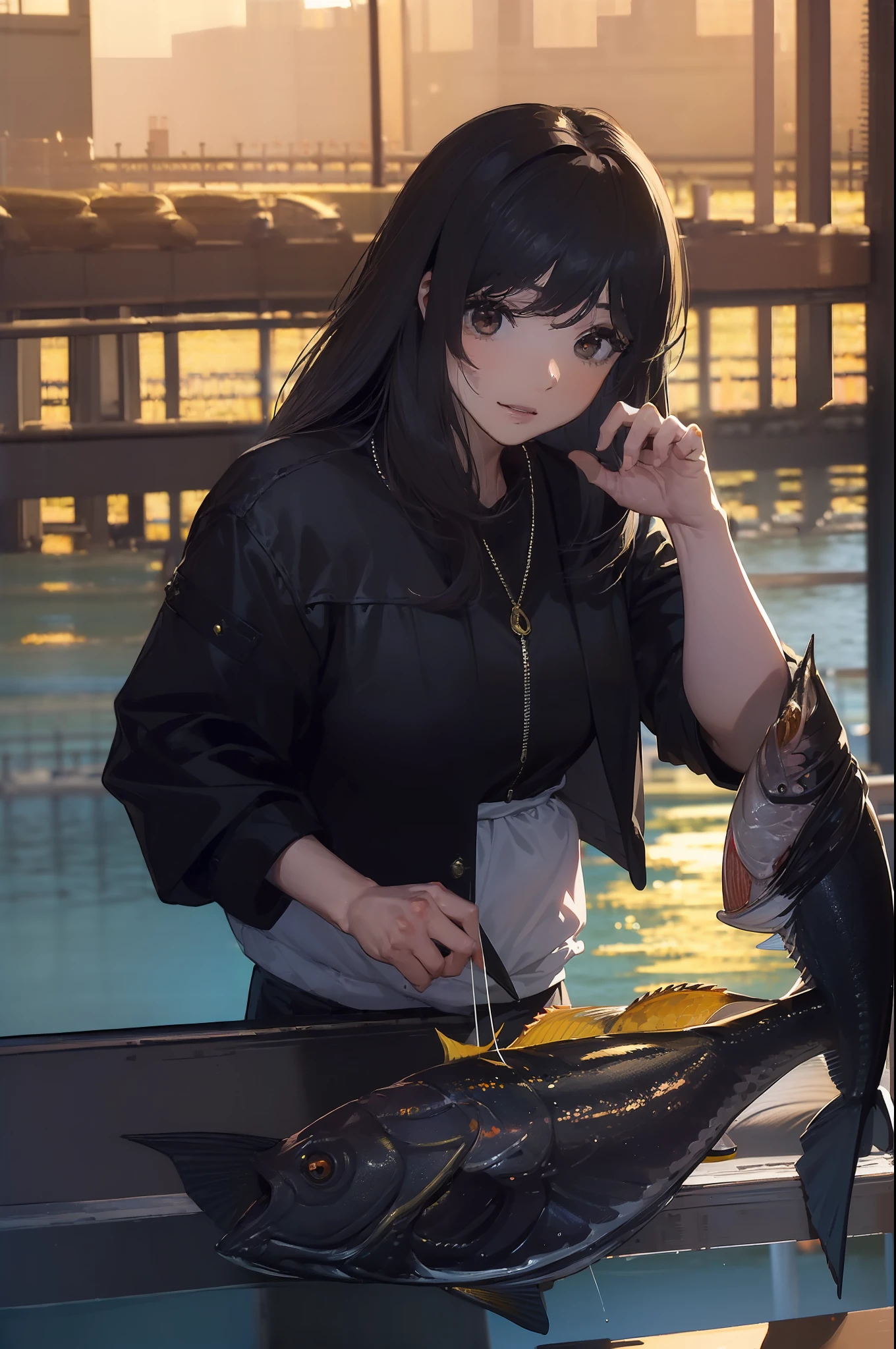 ((((Catch a big black bass by the lake:1.5)))),((1 female 28 years old))((Best Quality:1.5)),(((Hands with the correct number and structure of fingers:1.4))),((Large fish:1.37)),hight resolution,ultra-detailliert,masterpiece,best qualtiy,poneyTail,Black hair, long eyeslashes, Solid Circle Eyes, drop shadow, Atmospheric perspective,Super Detail, ccurate, small brest,(Black jacket :1.1),top-quality, blurry backround, bokeh dof:1.2, (masterpiece:1.3), Atmospheric perspective,Super Detail,dynamic compositions,top-quality、masterpiece、Very beautiful CG、finely detail、masterpiece