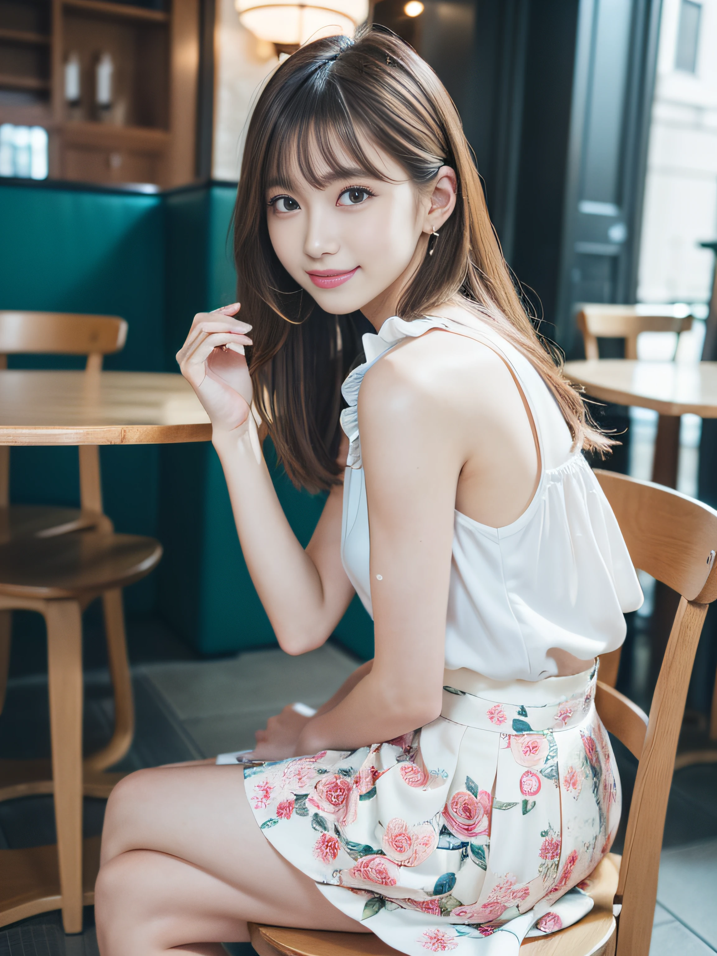 8K、Raw photography、(masuter piece:1.2)、(Photorealsitic:1.2)、(best qualtiy)、((Sleeveless with white frills))、((Adult woman in floral white skirt))、((japanes、25-years old))、Light brown hair in one woman、((full body Esbian))、make - up、Smart body、A smile、Poses variadas、hyperdetailed face、A detailed eye、((No close-ups))、(Inside the café、Sitting on a chair)