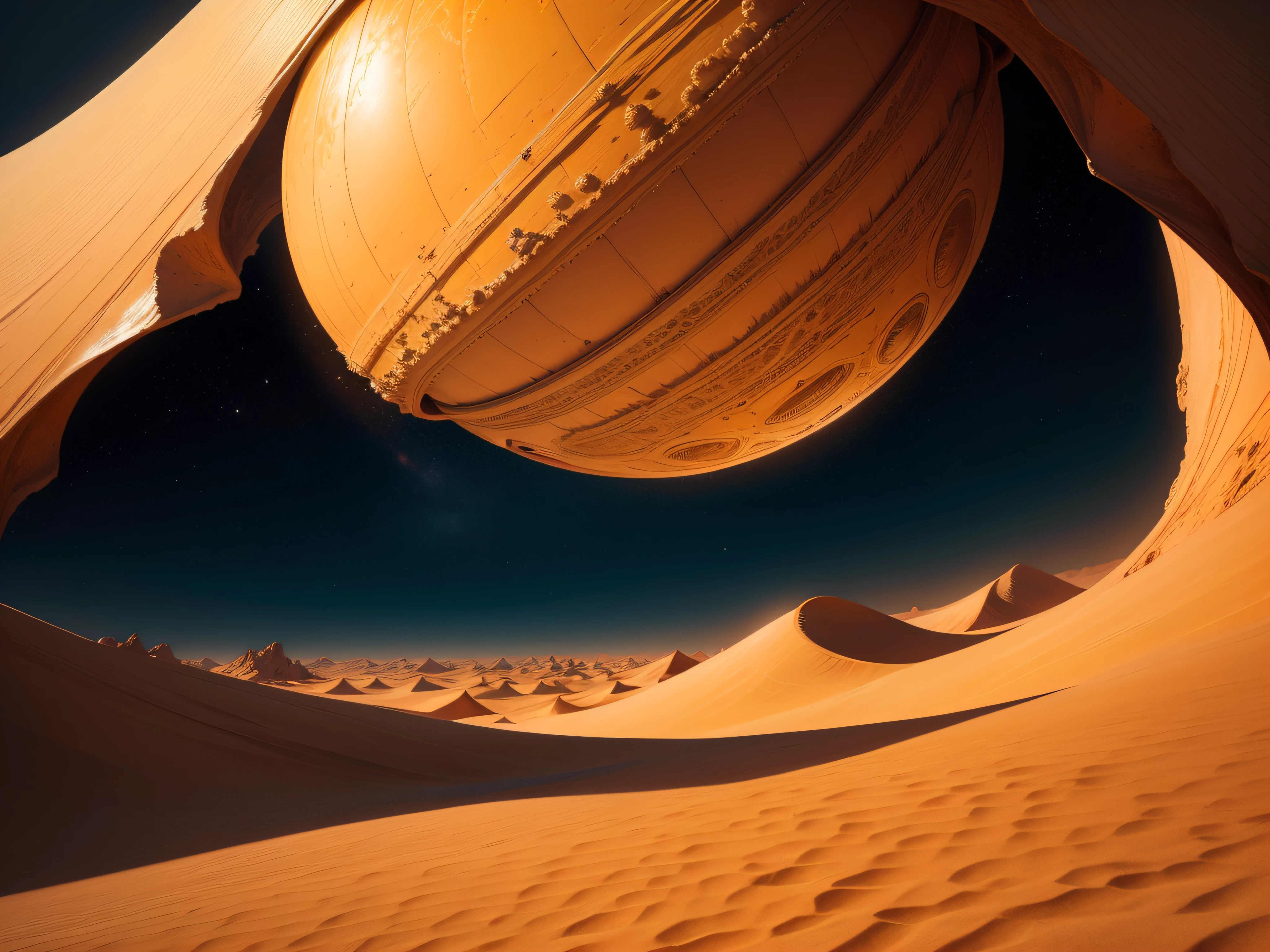 "Desert planet Arrakis with vast golden dunes, intense heat, and swirling sandstorms."