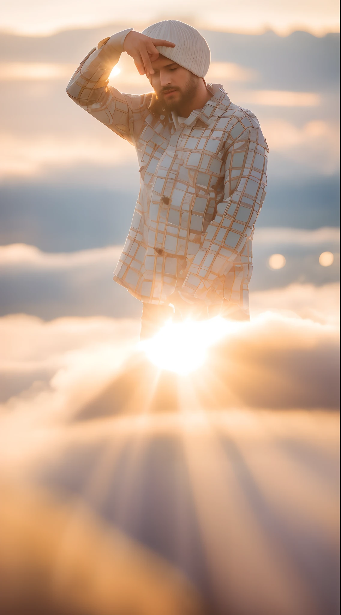 man with white wings, ((wings)), dress detailed, (masterpiece), (mindfully colorful), divine rays, (ultra high quality), (8K quality ), depth of field, bursts of wind, ((soft detail)), dark style, ((ray tracing effect)), (realistic: 1.3), (sharpened), mountain, multi layers, high gloss, detailed flare, (body curved), DLSR, 8K UHD, (sun glare), detailed ambient lighting, glitters, intense sun, sunny day, clouds