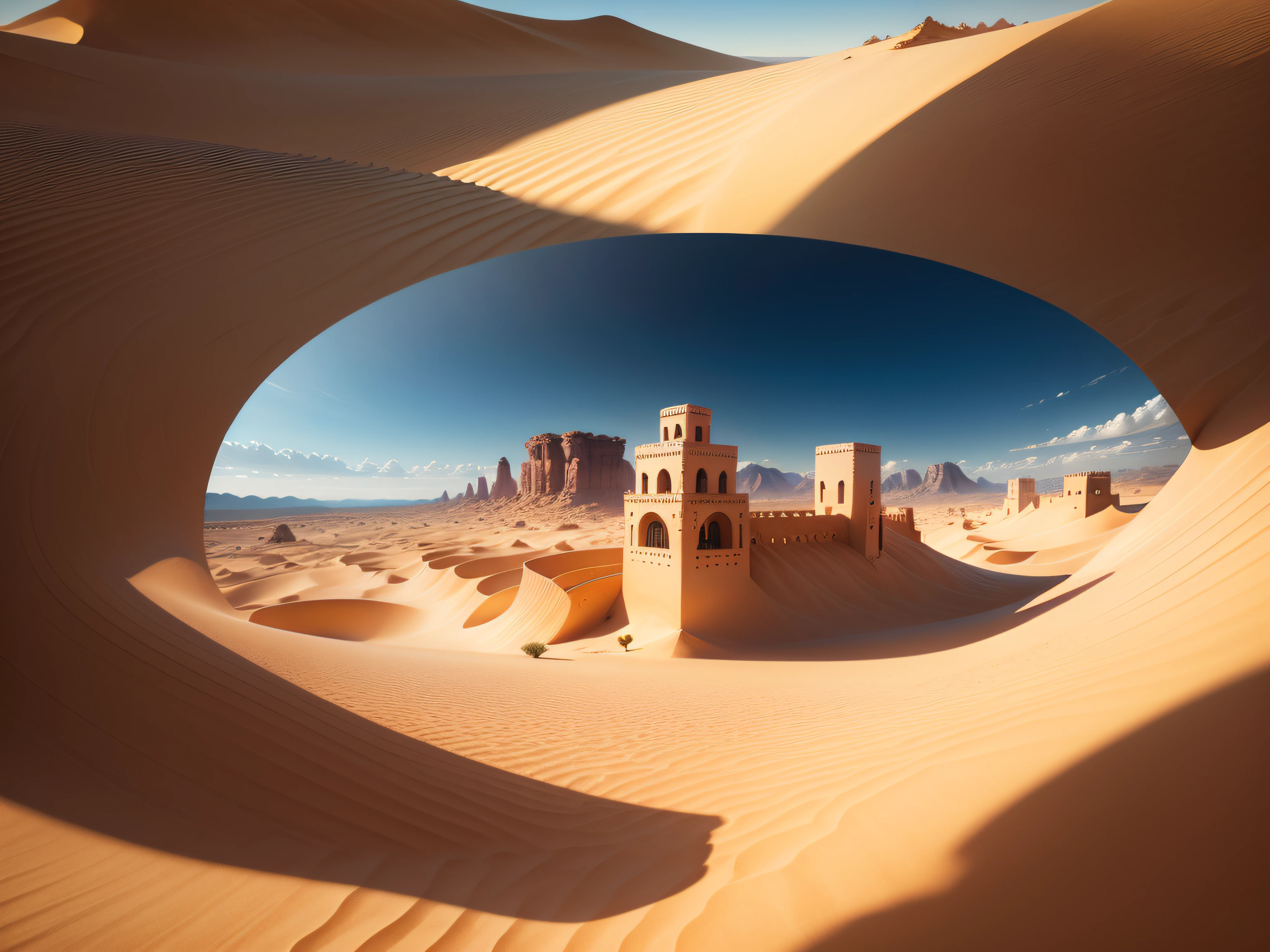 As the sun sets over the vast desert, a sandy village emerges, drenched in the warm, golden light. The photo, taken by Sony, skillfully captures the play of light and shadow, enhancing the dramatic beauty of the scene. Professional photography lighting adds an extra layer of depth and brilliance to the image, making every detail stand out. The photo is sharpened to perfection, ensuring that even the tiniest grains of sand are exquisitely defined. With its hyper-realistic quality, the image transports the viewer to this remote oasis, evoking a sense of tranquility and solitude. The high-resolution, 16k composition, shot in a vantage point, allows for a wide and immersive view, showcasing the untouched beauty of the desert village in all its glory.