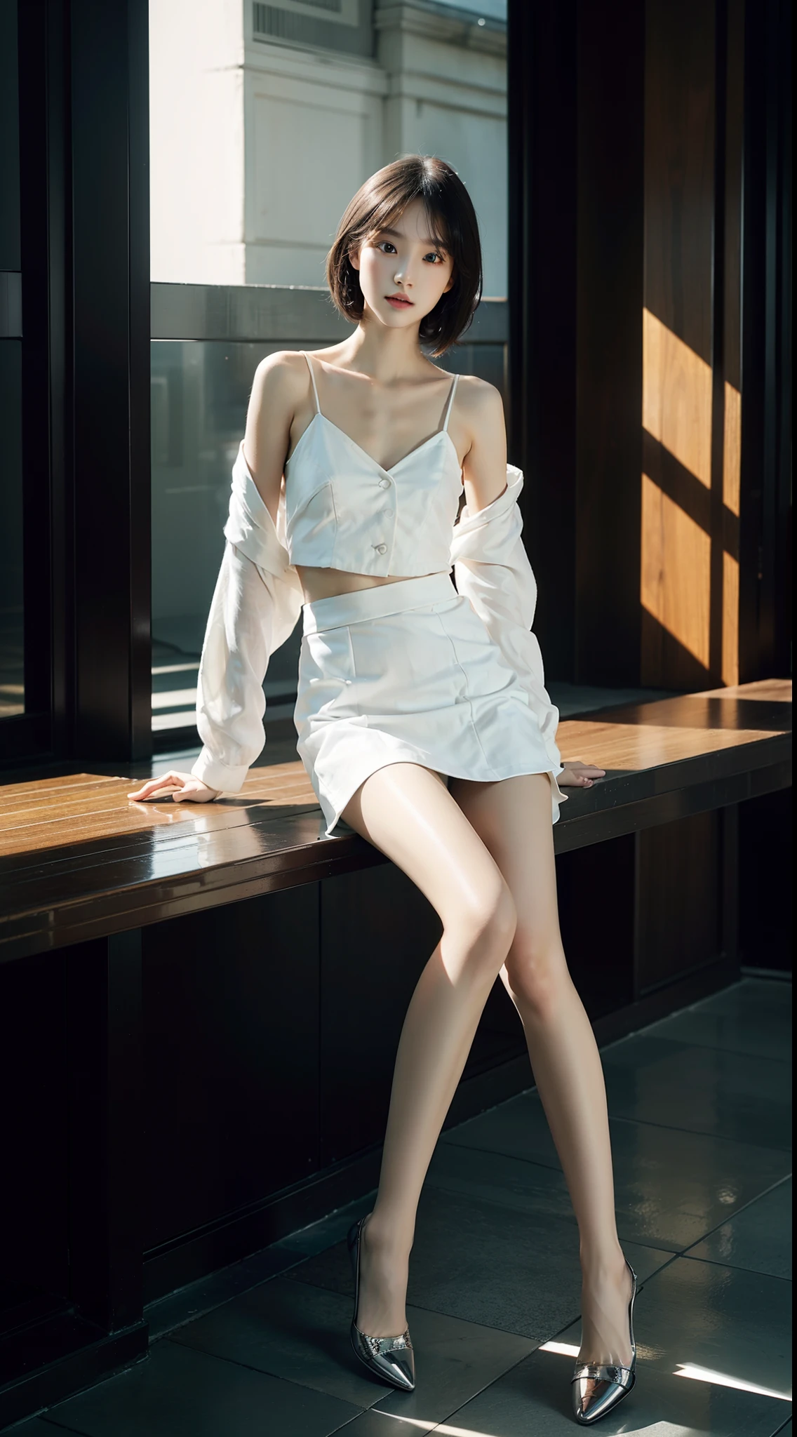 top Quority,Ultra-clear resolution,Clear eyes,plain face,s the perfect face,White skin,Perfect chest,with perfect legs,Long legs,Short black style skirt,Random environment