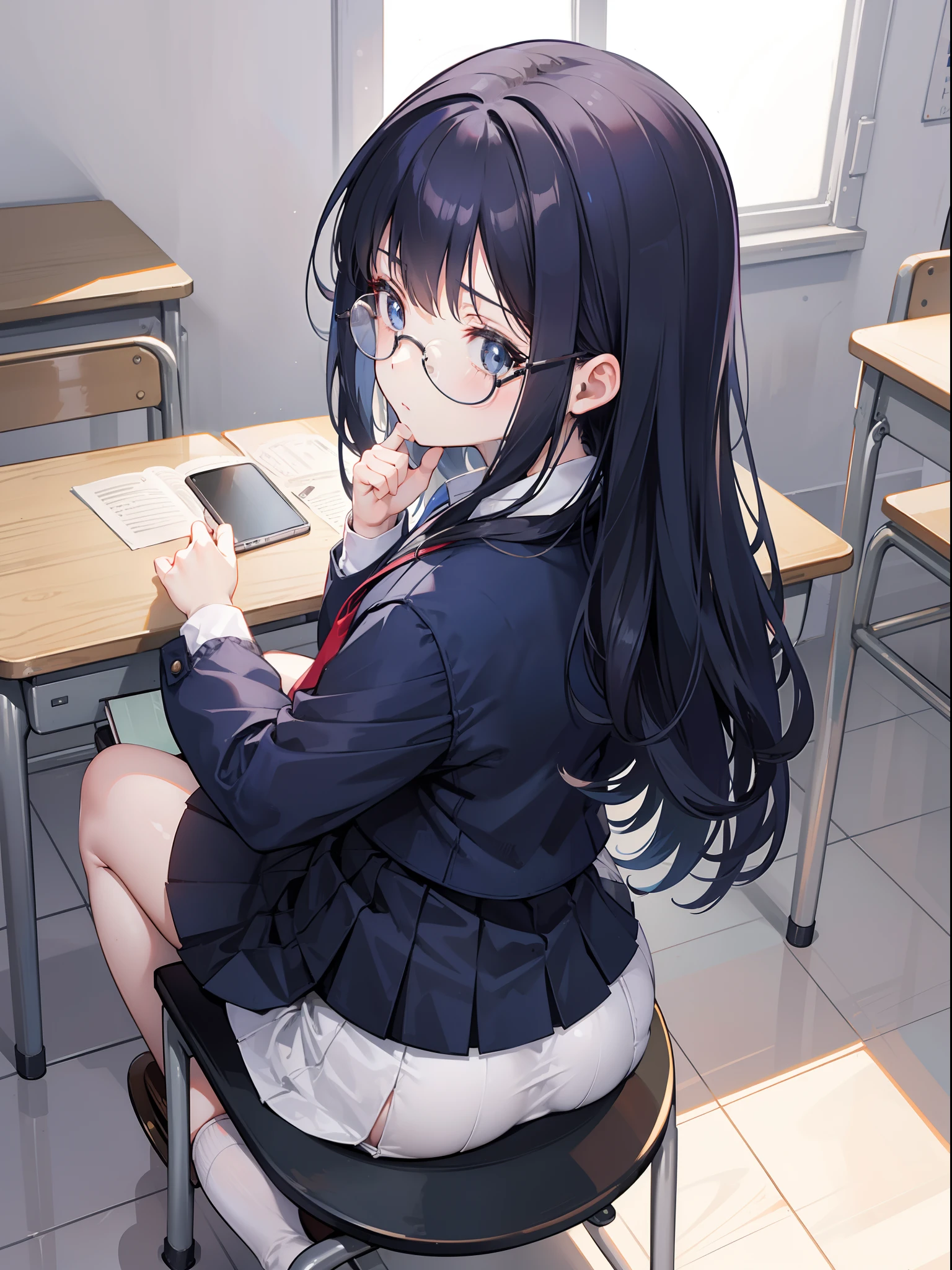 1girl, Back view, skirt, sit on chair, small chair, navy hair, long curvy hair, big round glasses, pretty, no expression, flat expression, limp face, school chair, ass form, low angle, perspective, looking down, very small chair, Giantess