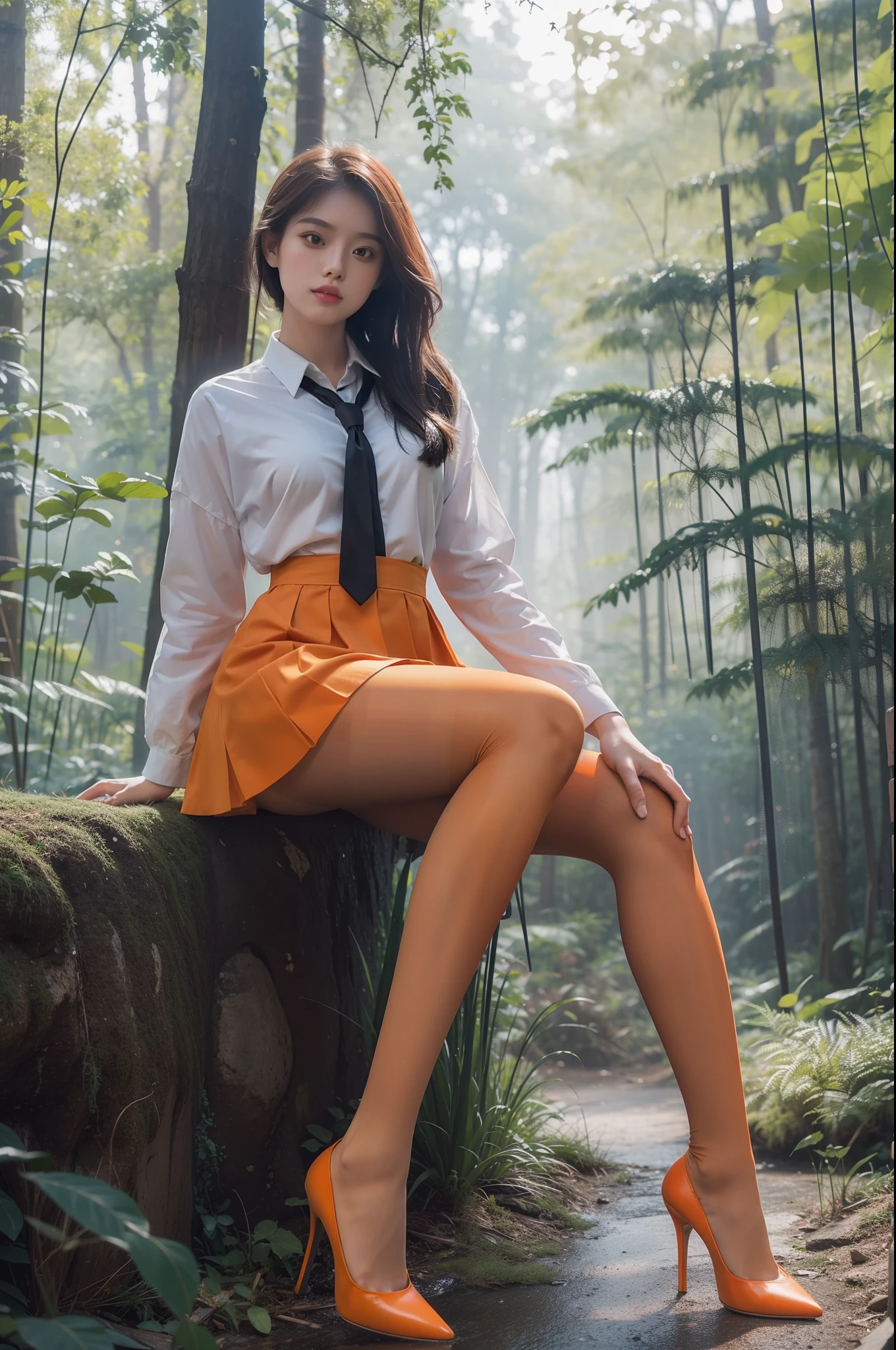 (full body:1.5),(1girl:1.3),(view the viewer:1.4),(??????? correct:1.3),(sitting in the forest:1.2),(Wearing a school Style Dress:1.2),(Opaque orange pantyhose:1.3),( girl pointed thick heels :1.1),(Accurate and perfect face:1.3),(Long legs:1.3),hyper HD, Ray traching, reflective light, structurally correct, Award-Awarded, high detail, lighten shade contrast, Face lighting ,cinematic lighting, masterpiece, super detailing, high quality, high detail, best quality, 16k,High contrast,