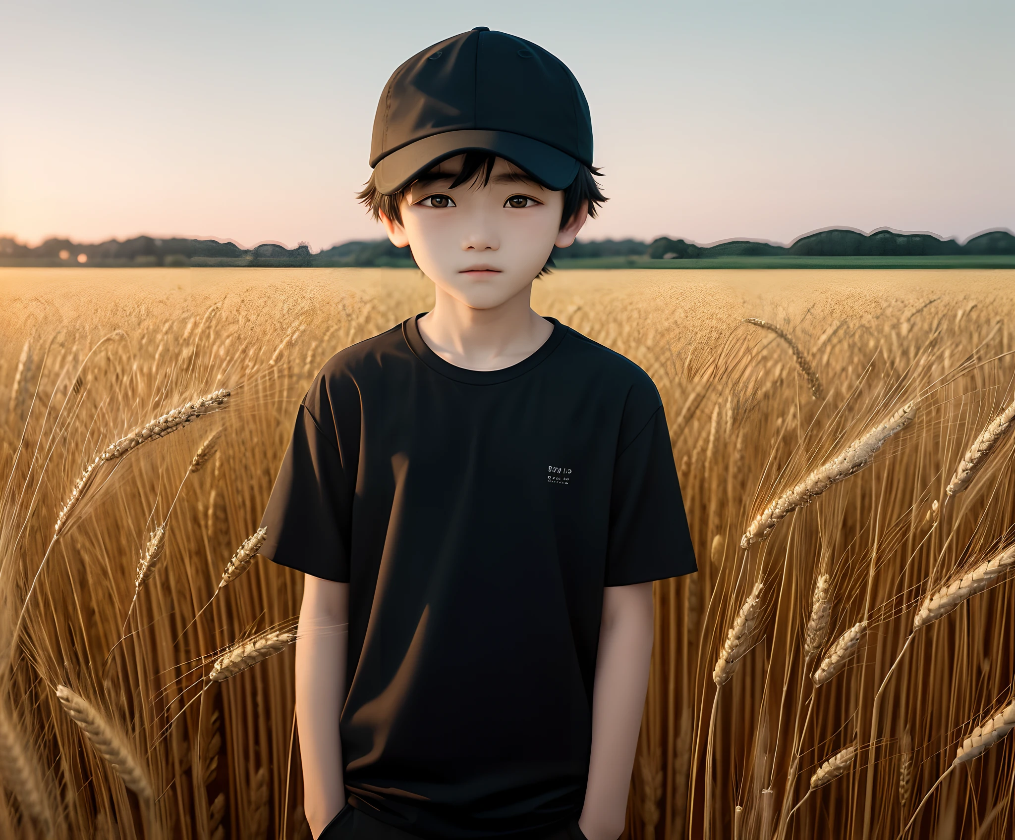 On a golden wheat field at dusk,One is ,Wearing a black shirt,The cute boy in the cap, located in the right two-thirds of the frame, extends his hand to me