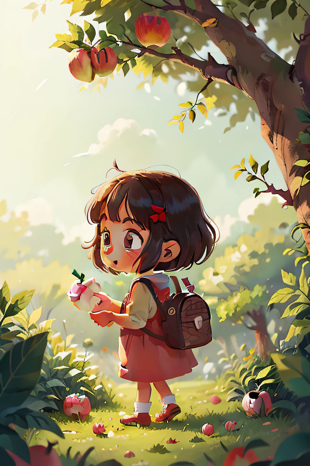 Little girl picking apples in tree cartoon illustration vista
