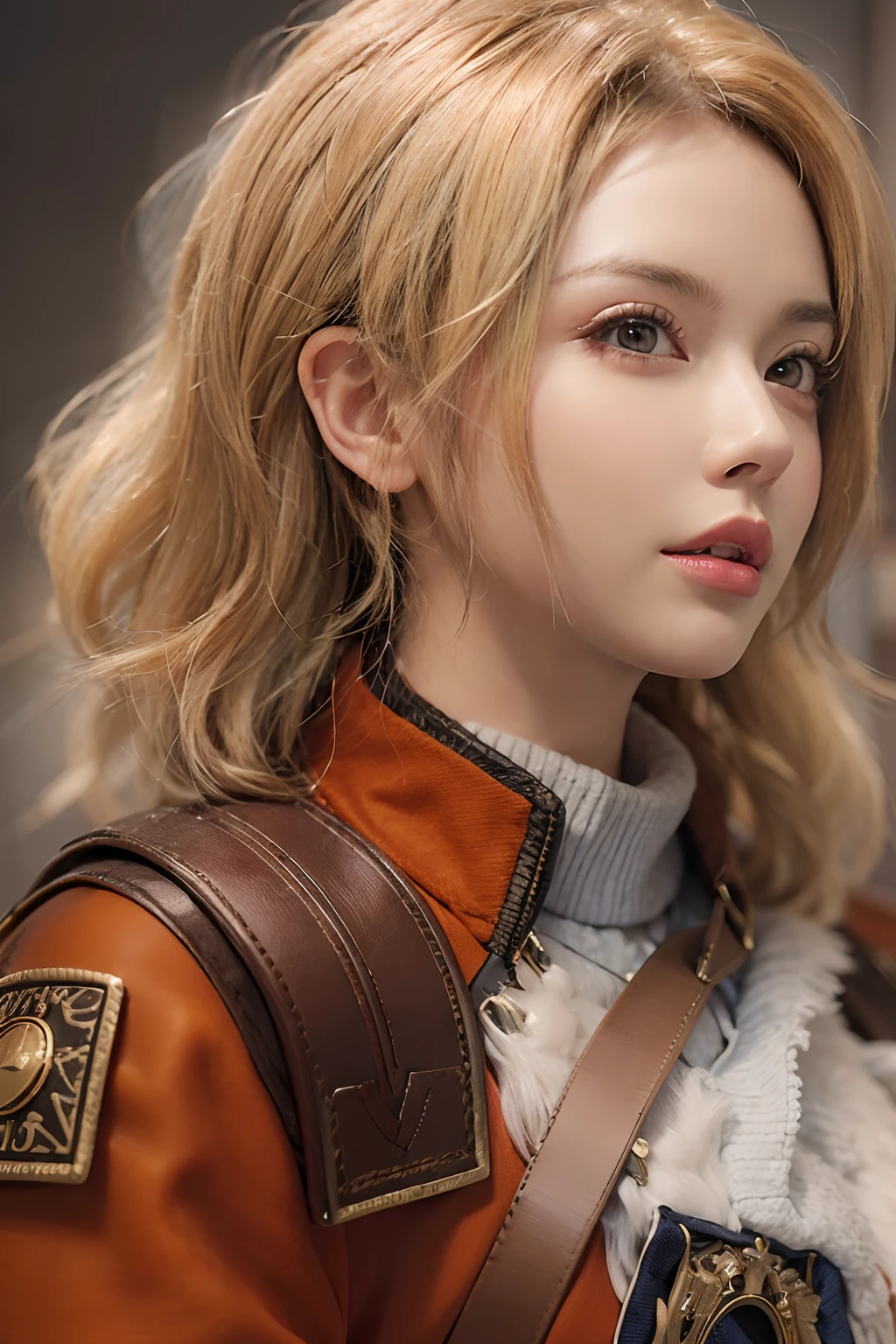 (master piece: 1.3), (10, photorealistic portrait, Raw photo, top-quality: 1.4), (1girl in), Exquisiteface, (Realistic face), (Blonde hair, Short hairstyles:1.3), Beautiful hairstyle, Realistic eyes, Beautiful detail eyes, (Realistic skin), Nice skin, (Sweaters), Absurd, Attractive, Ultra-high resolution, A hyper-realistic, high-detail, Golden ratio,close up,Anime style,Zeon,Rich red military uniform,