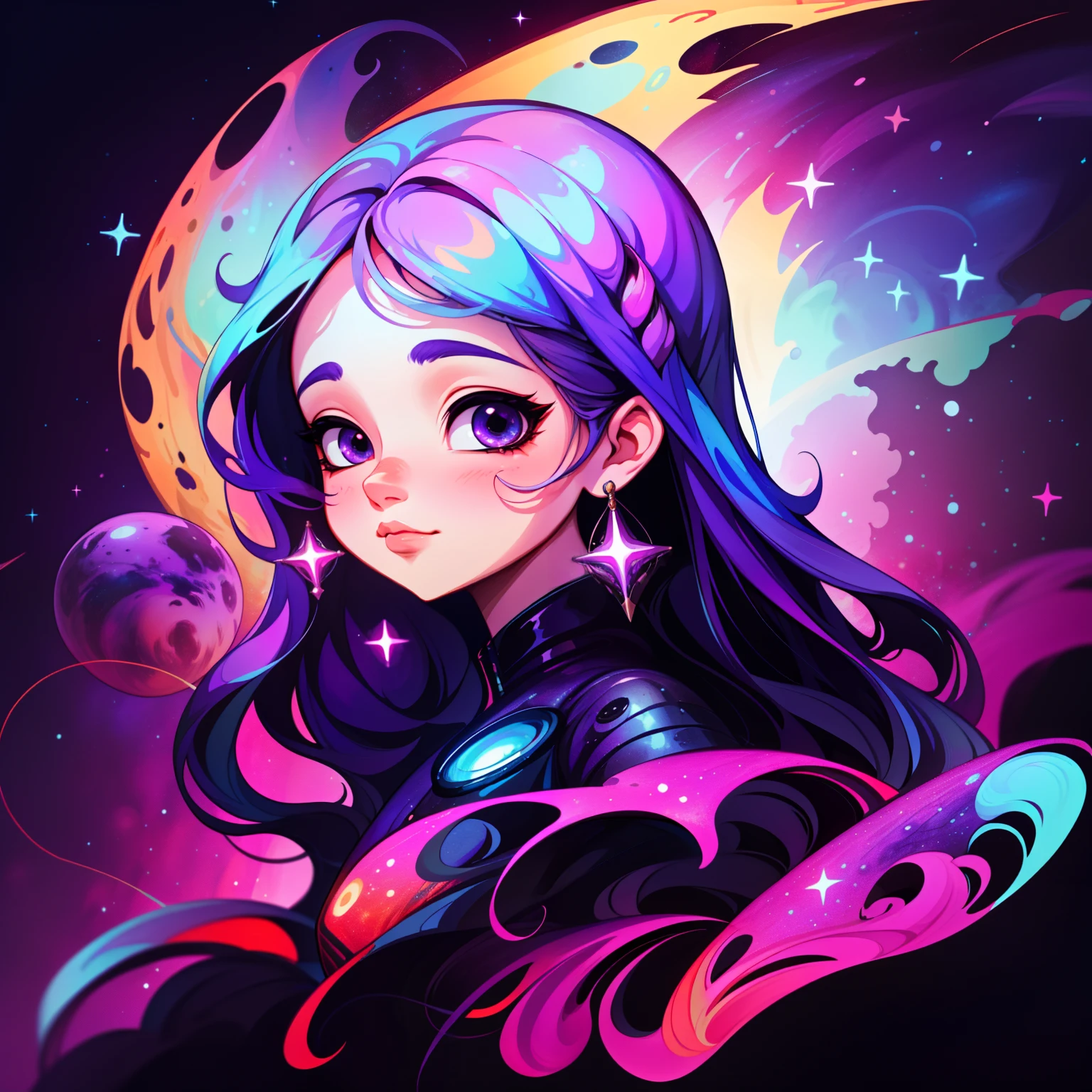 adesivo, fundo simples, portrait, girl with long hair, beautiful galaxy girl, galaxy aesthetic, beautiful girl, very beautiful fantasy art, beautiful and elegant female galaxy, beautiful detailed fantasy, purple and blue color palate, purple color-theme