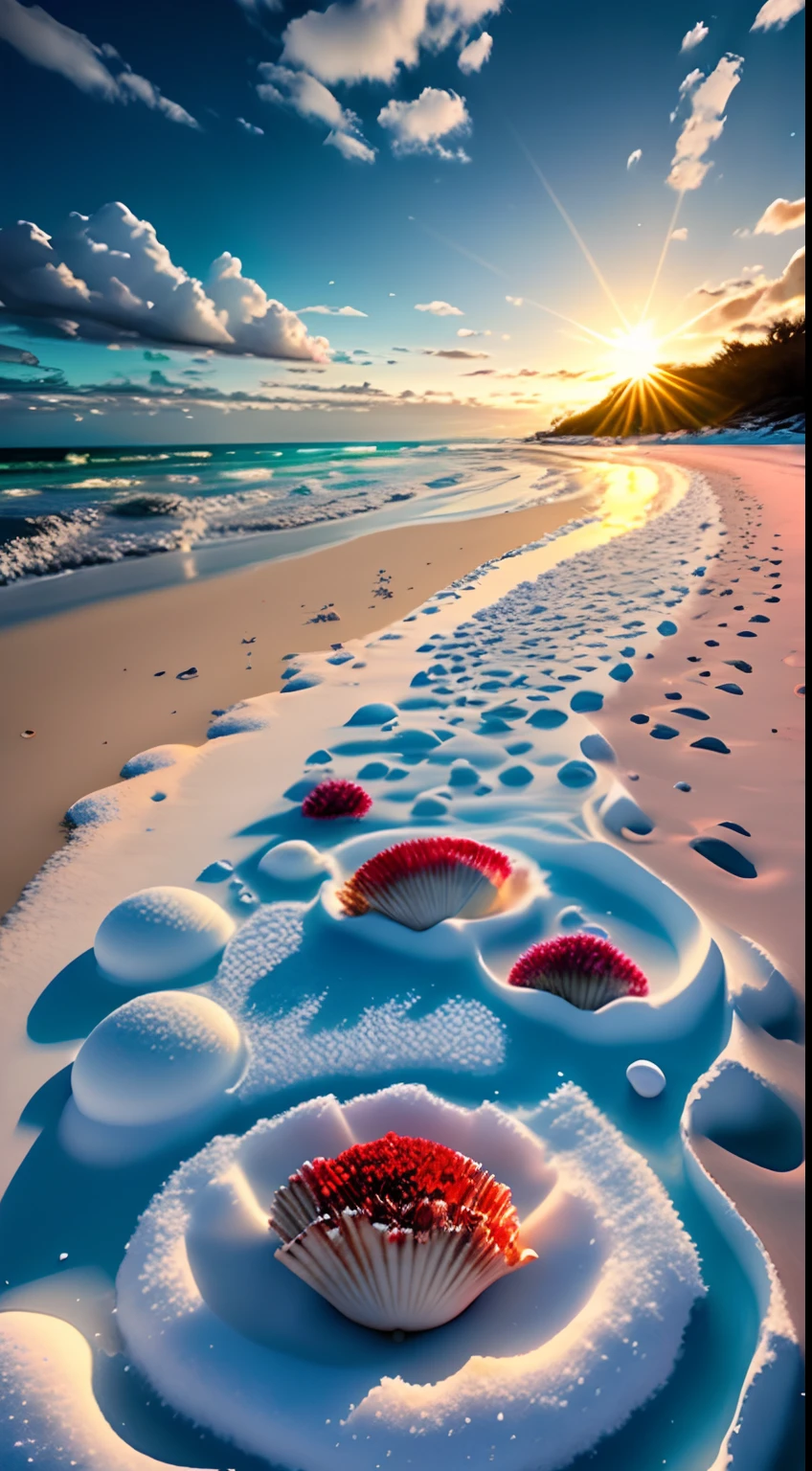delicate scene,depth of field, 8K, The ivory sky,white clouds,and sunlight shine on the snow-white beach. The coral sea,and many colorful tinny shells on the beach,red roses, roses focus,