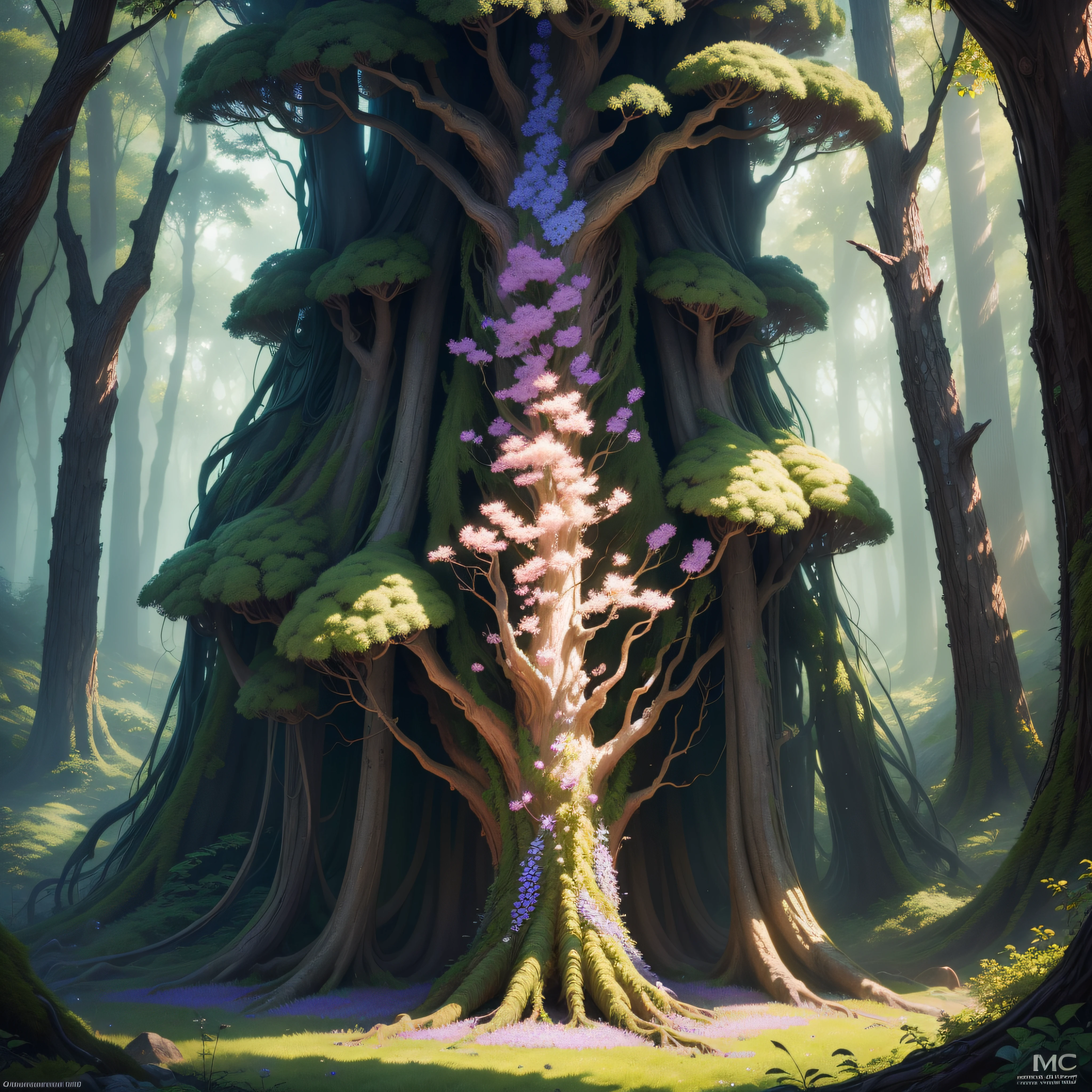 a close up of a giant tree creature, spring forest, forest flowers, central composition, (shimmering micro particles:1.2), sensual, fantasy art, epic fantasy digital art style, 4k fantasy art,
