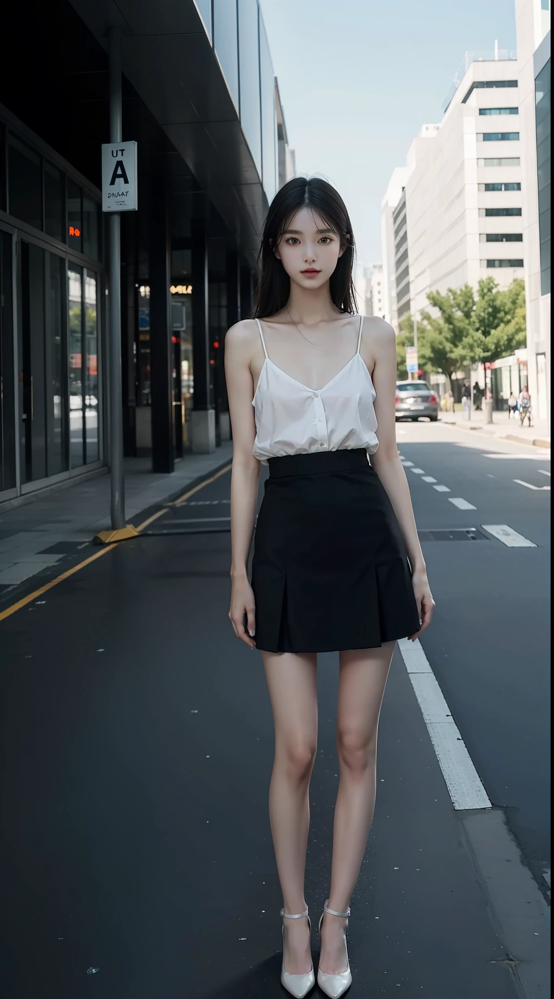 top Quority,Ultra-clear resolution,Clear eyes,plain face,s the perfect face,White skin,Perfect chest,with perfect legs,Long legs,Short black style skirt,Random environment