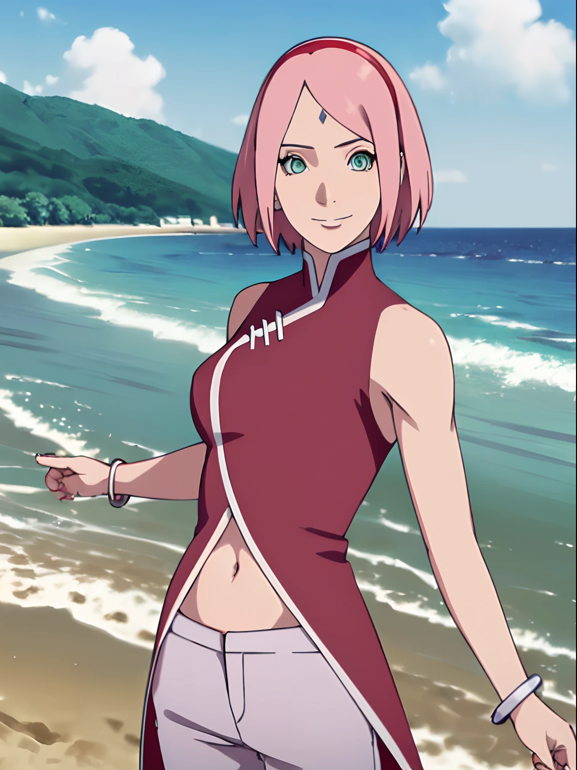 masterpiece, 1k, portrait, face shot, professional artwork, detailed beach background, intricate details, colorful, digital blending, (ultra detailed body, ultra detail hair, ultra detail face), trending on pixiv, kind smile, very hot color, best quality, anime style: 1.9, 1girl, hires, haruno sakura, (forehead mark, milf, red hairband, pale skin, short hair, ((red sleeveless dress), white pants), (navel, belly button, bracelet, pink hair), (ultra detailed eyes, green eyes), smile, beach, wind, floating hair, detailed arms, off-shoulders, slightly muscular arms, (dirty armpits), standing)