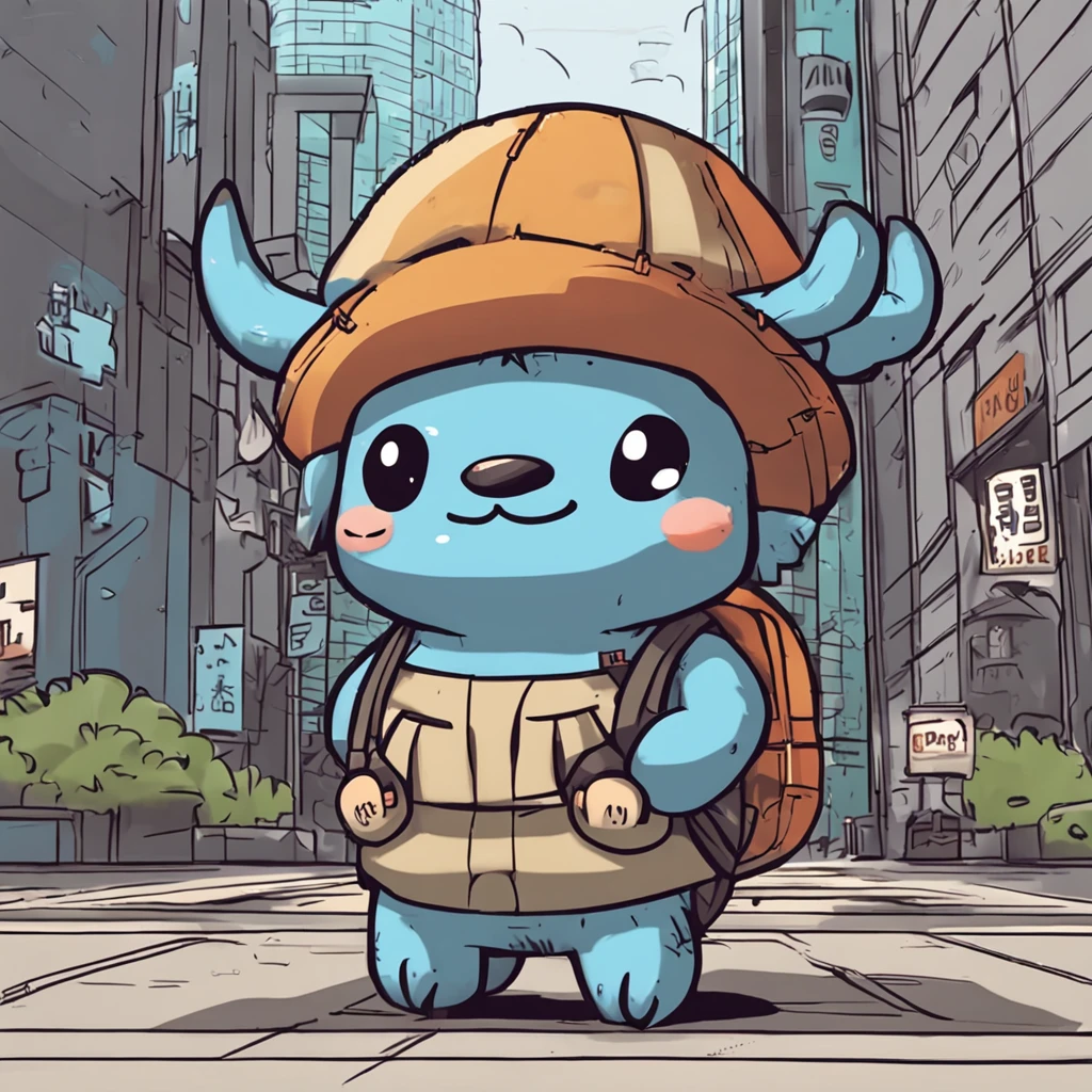 There was a buffalo, Wears a black hat with two horns on his head, Wearing gray clothes. Similar to the new cartoon, With a cute style. Ground-type cartoons. It stands on two legs，Carrying a gray backpack. It stands on top of the building, Surrounded by cityscapes. Its cute and stubborn face is cute. The main color scheme is grayish blue. It belongs to the bread-type cartoon category, Ken Sugimori's art is similar to cartoons, As seen on the Bulb Encyclopedia.