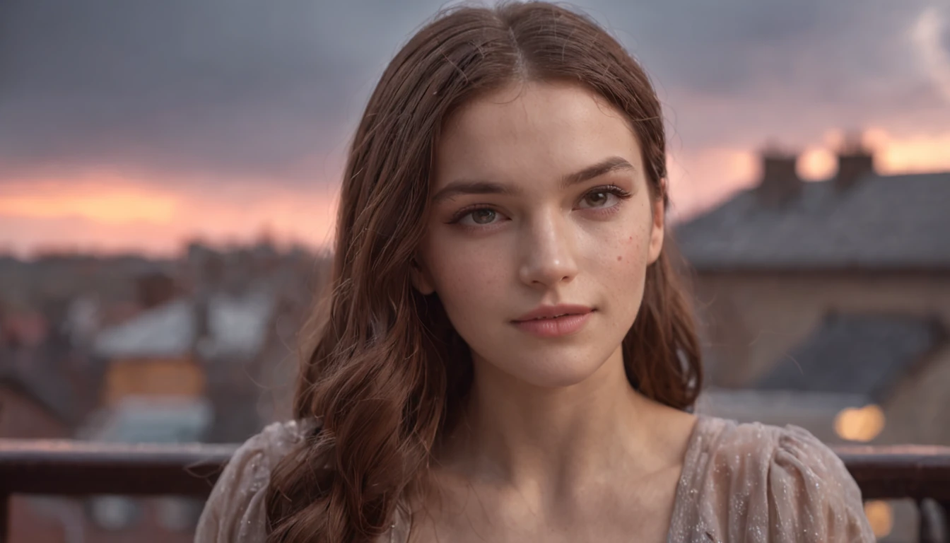 Beautiful girl enjoying rain on the roof of a house at sunset, 8K, Photorealistic