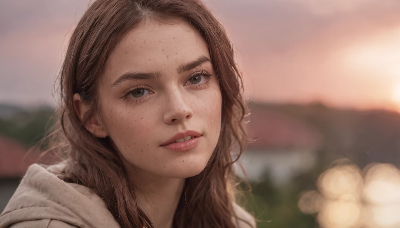 Beautiful girl enjoying rain on the roof of a house at sunset, 8K, Photorealistic
