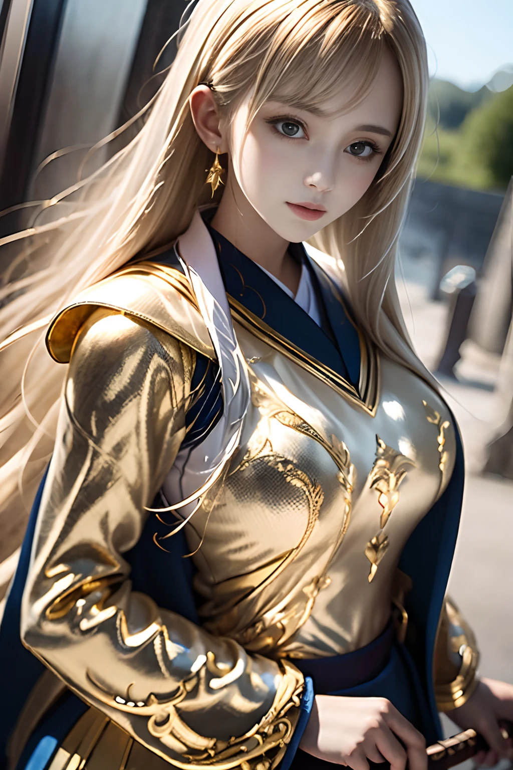 Women like Joan of Arc、Knights, golden armour,Gold Armor,With a sword and shield,Royal style,Comic style, , Sub-surface scattering, ornate detail, nature backdrop, Hyper-realistic, Cinematic, Dramatic Lighting, masutepiece、Armor with a wolf motif、((Kimono Cosplay))
