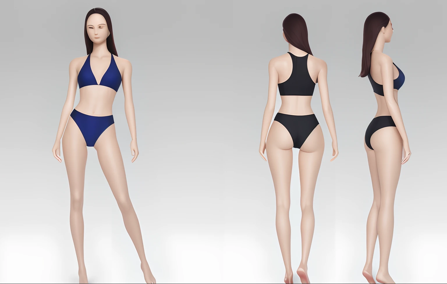 on a mannequin. high resolution, photorealistic perfect body, wearing two - piece swimsuit, in a bathing suit, perfect symmetrica body shape, 3 d render of a full female body, Attire: Bikini, front and back view, front back view and side view, closed swimsuit