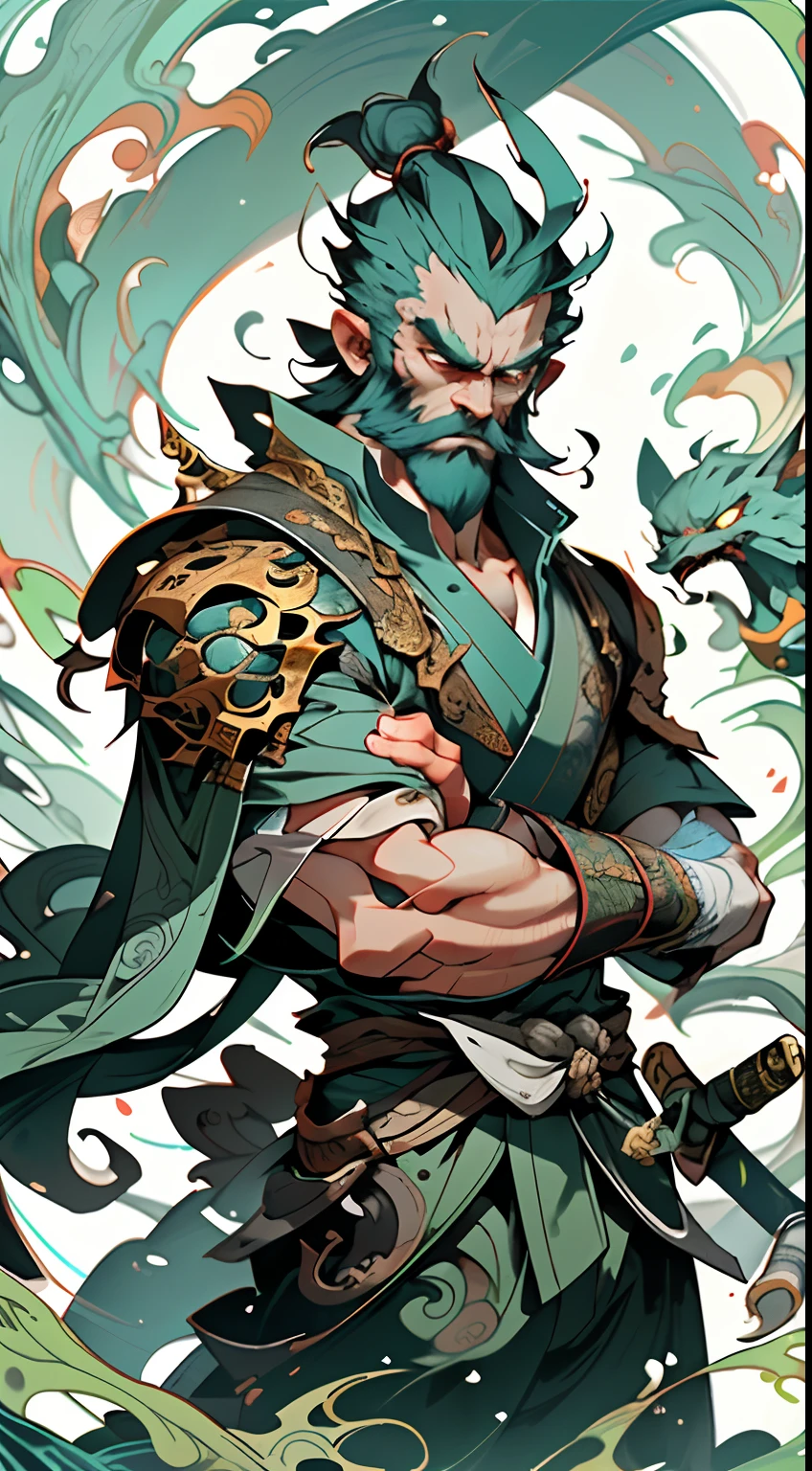 A middle-aged man exuding a powerful aura，Eyes widened in anger， He wears a simple and dignified green patterned cloth armor， This character design is reminiscent of Chinese martial arts heroes from Japanese anime，The characters are well designed，The art style is mature， （（concept art of character）），Full body character drawing，k hd，best qualtiy，ultra - detailed，An extremely delicate，anatomy correct，symmetriced face，Extremely detailed eyes and face，high-quality eyes，RAW photos，hyper HD，8K，profesional lighting，gentle illumination，（tmasterpiece：2）A man with a sword and a cat, inspired by Yun-Fei Ji, Traditional Chinese art, author：Xiu Wen Tianzheng, asura from chinese myth, author：Tan Yang Kano, Chinese mythology, Traditional Chinese painting, inspired by Shunkōsai Hokushū