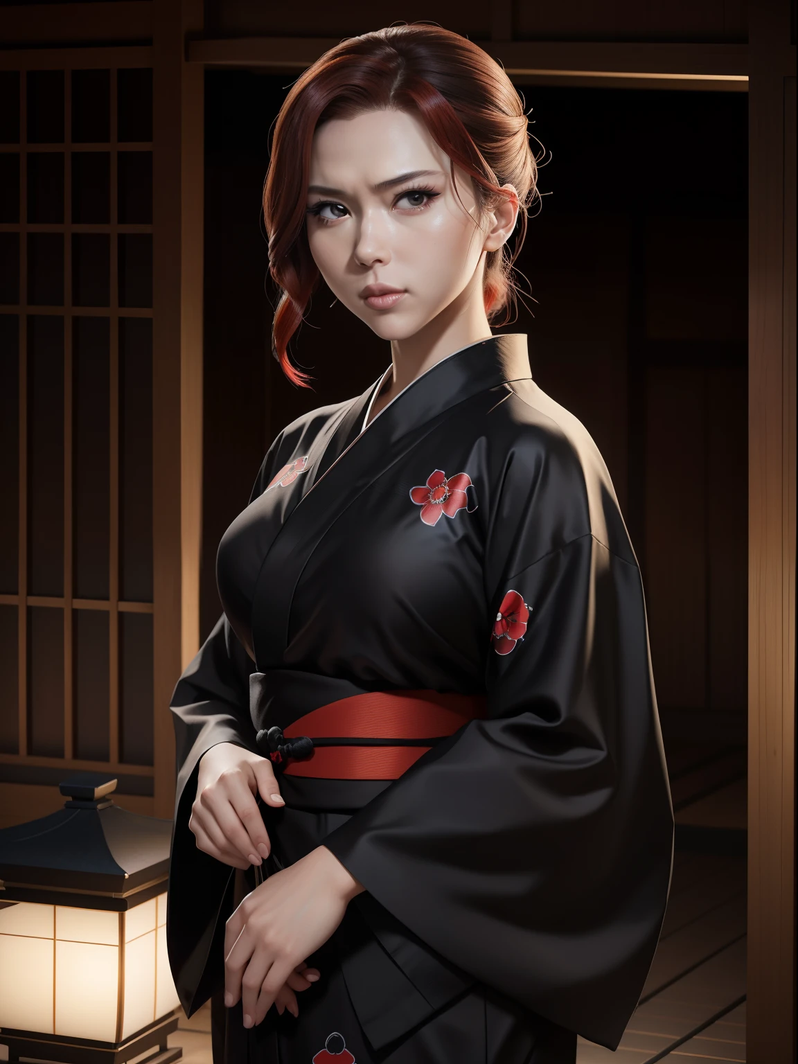 ((("Photorealistic Black Widow Wearing Yukata")))
Subject: An exquisite photorealistic artwork capturing Black Widow in a stunning yukata attire.
Type of Image: Photorealistic artwork.
Art Styles: Realism, Elegant.
Art Inspirations: Black Widow's strength and the grace of a yukata.
Character Design: Black Widow depicted in a yukata, merging her iconic persona with traditional Japanese aesthetics.
Background: A serene setting that complements the yukata, enhancing the overall visual appeal.
Camera: Medium shot, focusing on Black Widow's yukata and her presence.
Pose: Graceful and poised pose that showcases Black Widow's strength and the beauty of the yukata.
Lighting: Soft and natural lighting that enhances the yukata's intricate details and character's features.
Resolution: High-resolution, capturing detailed elements of the yukata and character.
Camera Lens: 50mm.
View: Medium shot capturing Black Widow's entire yukata attire.