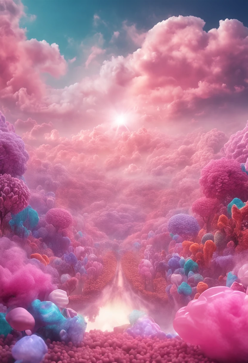 multi colors cuttoncandy cloud, in fairyland, dreamy and romantic, dreamy atmosphere and drama, very magical and dreamy, dreamy scenes, heaven pink, on cloud, the sky is pink, Heaven, in the white clouds fairyland, magical dream-like atmosphere, Dreamy and ethereal, still from a music video