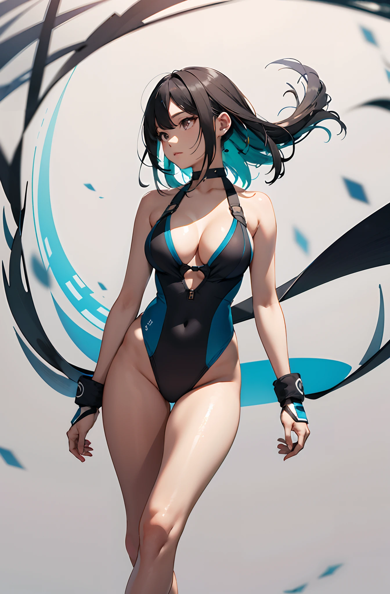 hoang lap,A high resolution,ultra - detailed,(1girll:1.3),Create minimalist designs,with clean lines,Simple shape,Focus on composition and balance。Capture low-light images,Lighting is minimal,And focus on the subtle details and atmosphere of the scene。With delicate lines、Flat colors and images inspired by patterns and compositions。brassier,Large breasts,High-fork swimsuit,F-cup,short black straight hair,long whitr hair,Female Martial Artist