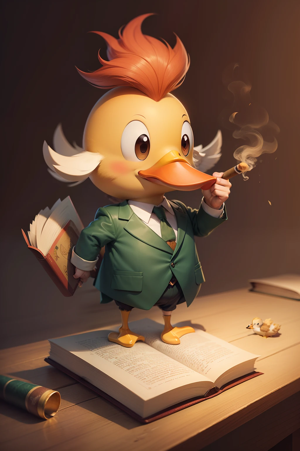 A cartoon duck,Thinking hairs have formed on the head,Holding a cigar,Holding a book in his hand