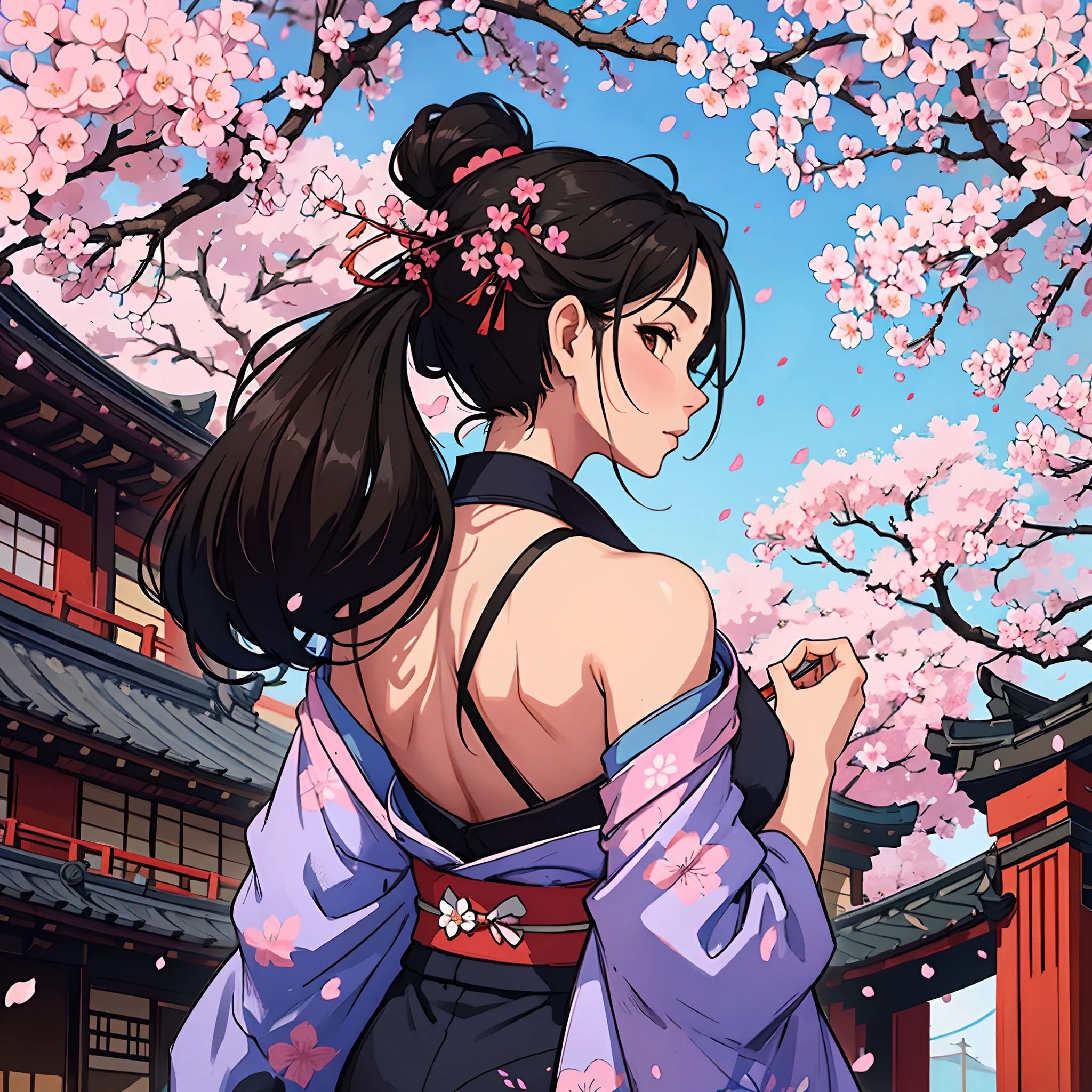 A beautiful woman, (mature face:1.4), architecture, ass, back, bare shoulders, black hair, blue sky, branch, breasts, bridge, brown eyes, cherry blossoms, closed fan, day, east asian architecture, falling petals, floral print, flower, from behind, hair ornament, hanami, japanese clothes, kimono, kneepits, long hair, looking at viewer, looking back, obi, petals, petals on liquid, pink flower, plum blossoms, railing, sash, sideboob, sky, solo, spring \(season\), standing, tree, umbrella, wisteria