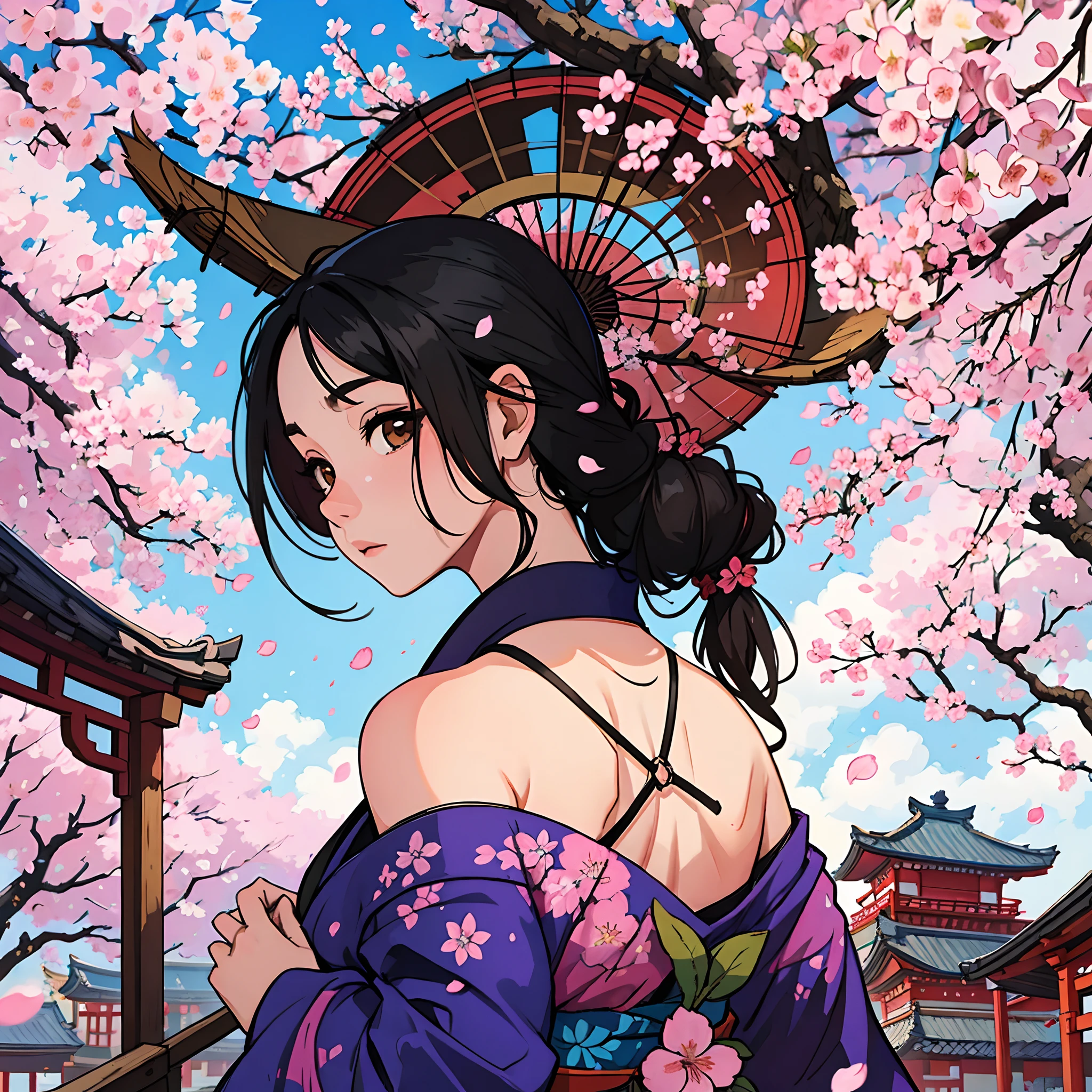 A beautiful woman, (mature face:1.4), architecture, ass, back, bare shoulders, black hair, blue sky, branch, breasts, bridge, brown eyes, cherry blossoms, closed fan, day, east asian architecture, falling petals, floral print, flower, from behind, hair ornament, hanami, japanese clothes, kimono, kneepits, long hair, looking at viewer, looking back, obi, petals, petals on liquid, pink flower, plum blossoms, railing, sash, sideboob, sky, solo, spring \(season\), standing, tree, umbrella, wisteria