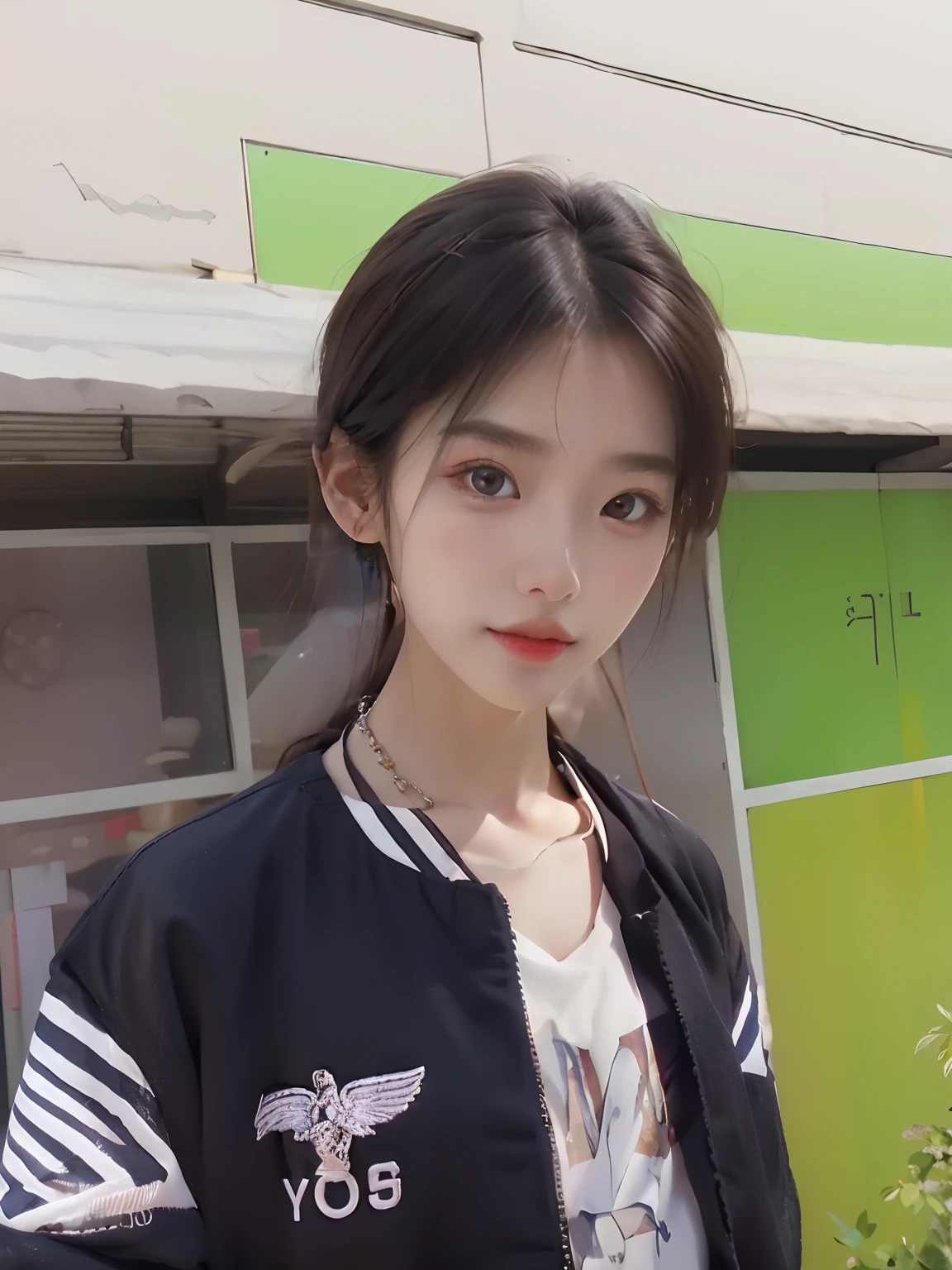 photo realistic,ultra hires,1 young beautiful korean girl, distant gaze, OOTD,hiphop style clothes,round young face,full accesories,necklace,big clear kindly eyes,long eyelashes,slim waist,light makup,neat teeth, slightly smiling. colored hair, upper body, (low angle)