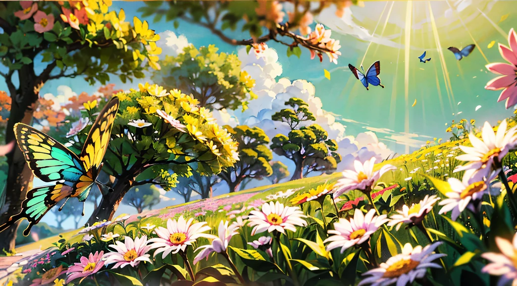 (Mono Color:0.9),(a color:1.1),(tmasterpiece:1,2), best qualtiy, tmasterpiece, High- sharpness, Original, extremelydetailedwallpaper,From the picture, we can see the trees on the shore towering into the clouds,The branches are covered with flowers,Flocks of butterflies dance among the flowers,In this garden-like world,It looks even more beautiful and sacred, Sunnyday, Sunny light,llight rays,动态照明,cinema shot