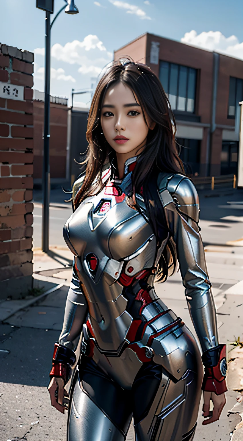 8k, realistic, attractive, highly detailed, a 20 year old girl a sexy and attractive woman inspired by Iron Man wearing a shiny Iron Man mech. She dresses with sexiness and confidence, perfectly interpreting Iron Man&#39;s strength and charisma. The abandoned warehouse serves as a backdrop, creating a unique atmosphere that highlights her bravery and perseverance. The cloudy sky adds a sense of tension and mystery to the whole scene. This high-definition, high-quality picture will bring you a shocking visual experience. The detailed abandoned warehouse and shiny mechs will keep your eyes on you. oc rendering, dramatic lighting, award winning quality