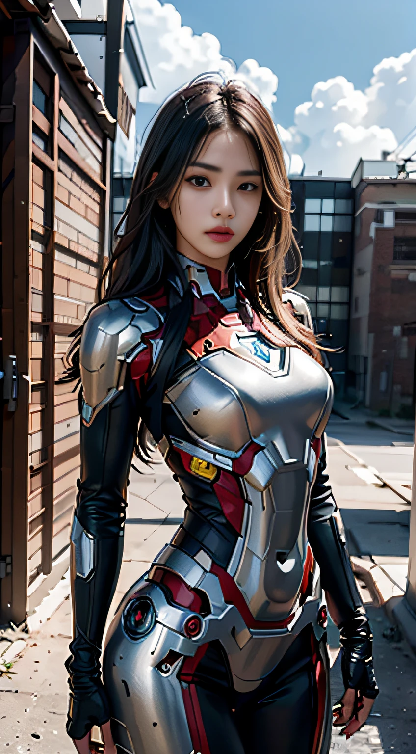 8k, realistic, attractive, highly detailed, a 20 year old girl a sexy and attractive woman inspired by Iron Man wearing a shiny Iron Man mech. She dresses with sexiness and confidence, perfectly interpreting Iron Man&#39;s strength and charisma. The abandoned warehouse serves as a backdrop, creating a unique atmosphere that highlights her bravery and perseverance. The cloudy sky adds a sense of tension and mystery to the whole scene. This high-definition, high-quality picture will bring you a shocking visual experience. The detailed abandoned warehouse and shiny mechs will keep your eyes on you. oc rendering, dramatic lighting, award winning quality