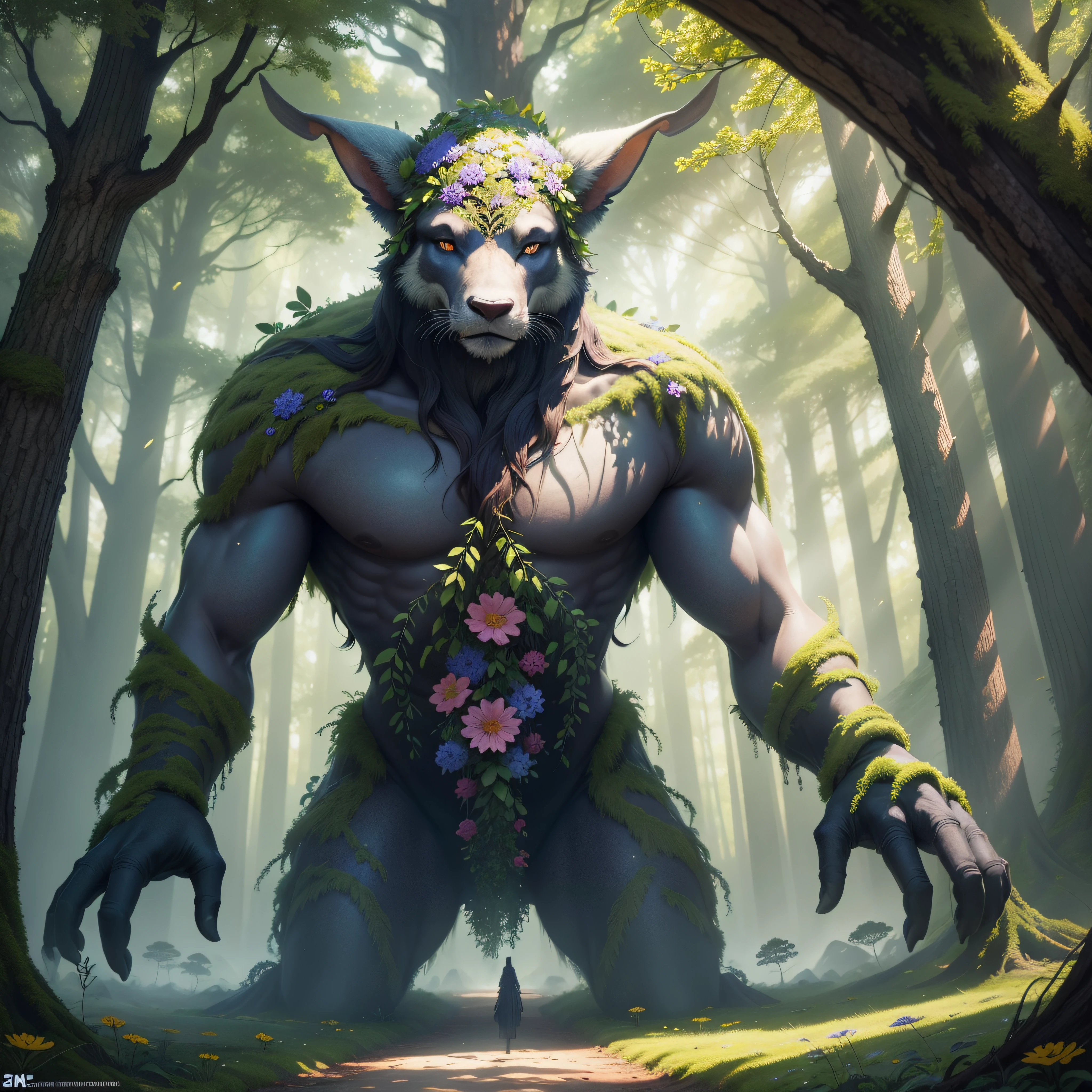 a close up of a giant forest creature, spring forest, forest flowers, central composition, (shimmering micro particles:1.2), fantasy art, dream style, 4k fantasy art,