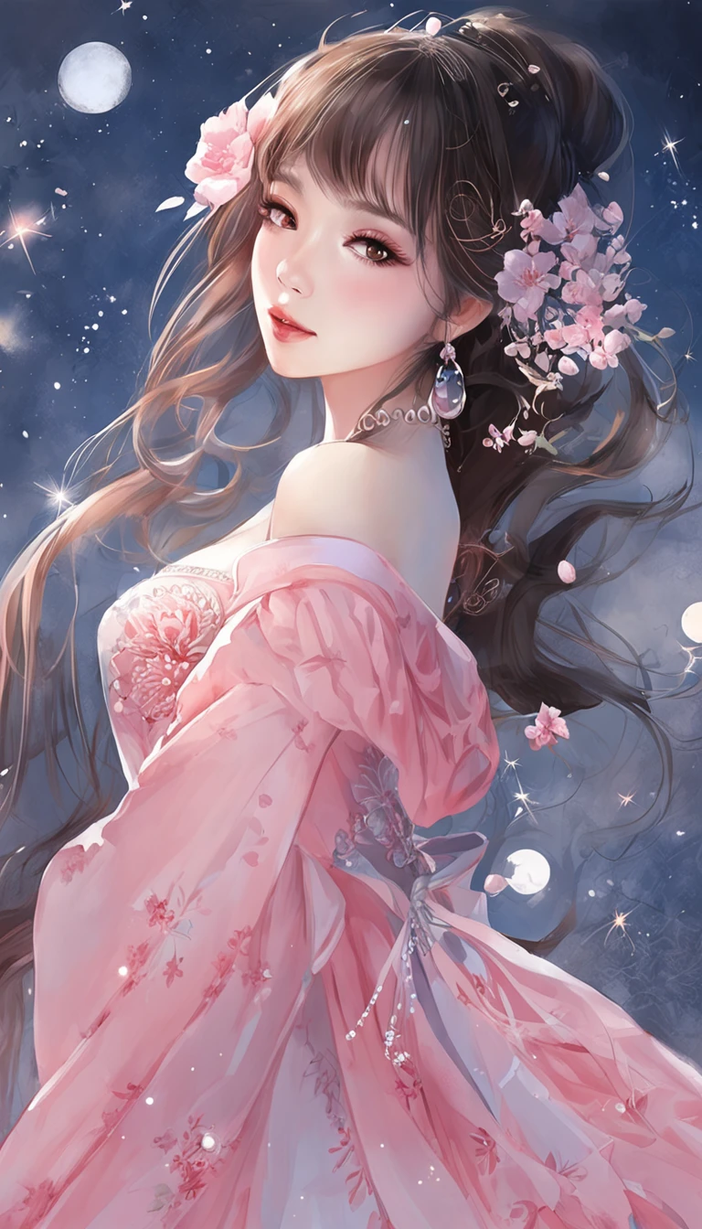 ((from below)), (((full body))) Beautiful young girl, (Beauty and aesthetics,big breasts beautiful), Asian female model, slim, Nice face, By bangs, curlies, is shy, cabelos preto e longos, Beautiful hair accessories, slender leg, cold light, the night, starrysky, nevando, (period costume, cyan colors, in pink), Stand in the snow, ((cross legged)), Detailed scenes, the detail,Hyper-detailed, (best qualtiy,tmasterpiece)