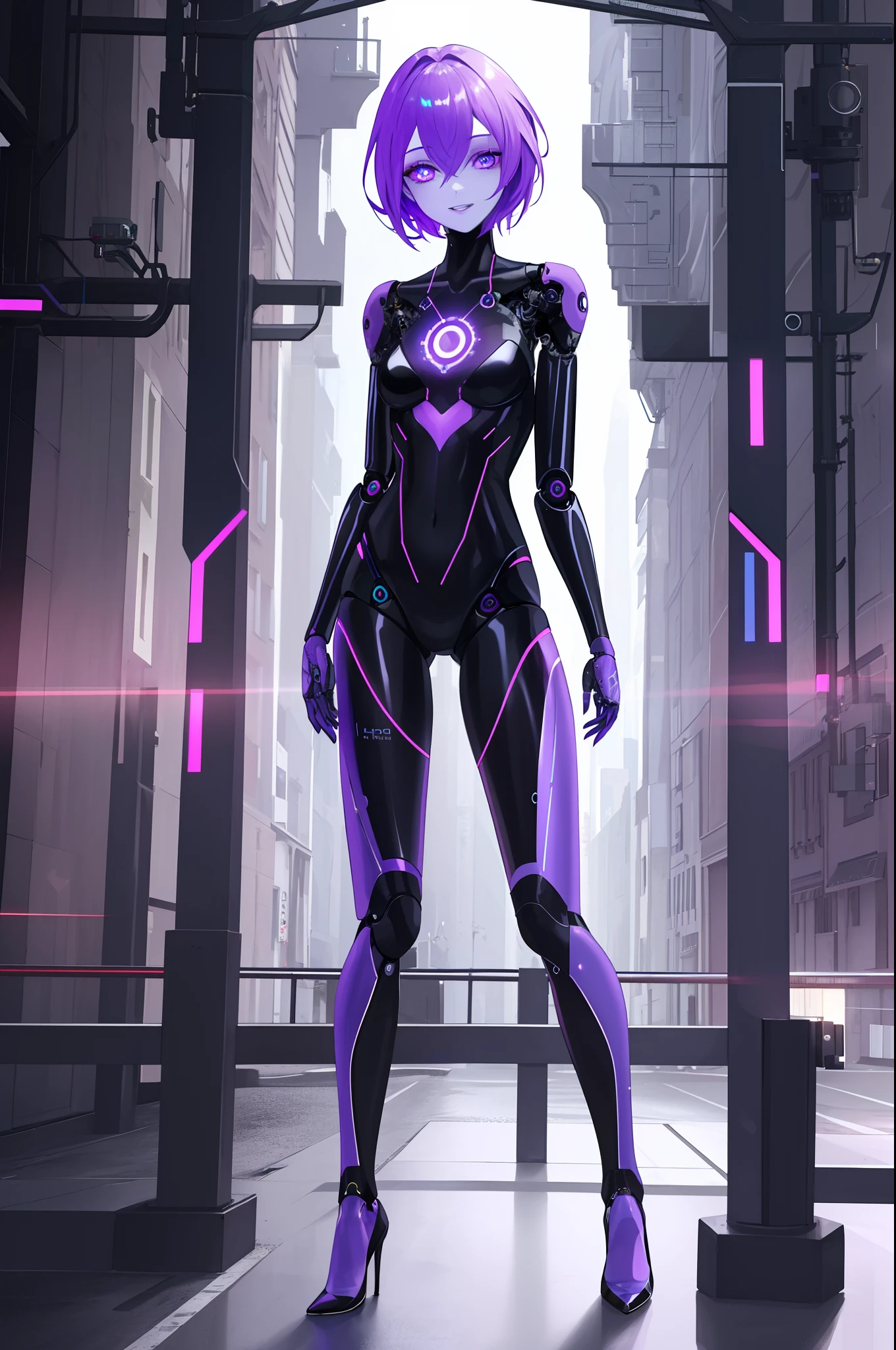 1girl, humanoid_robot+, robot_joints+, robot, hightech_robotics, solo, android, cyborg+, purple_skin, colored_skin, shiny pale skin, glowing eyes, outdoors, masterpiece, highres+, absurdres, 4K, 8K, 16K, hyper-detailed, deep eyes, stunning, intricate, sharp, smooth, realistic, medium breasts, happy, v sign, high heels
