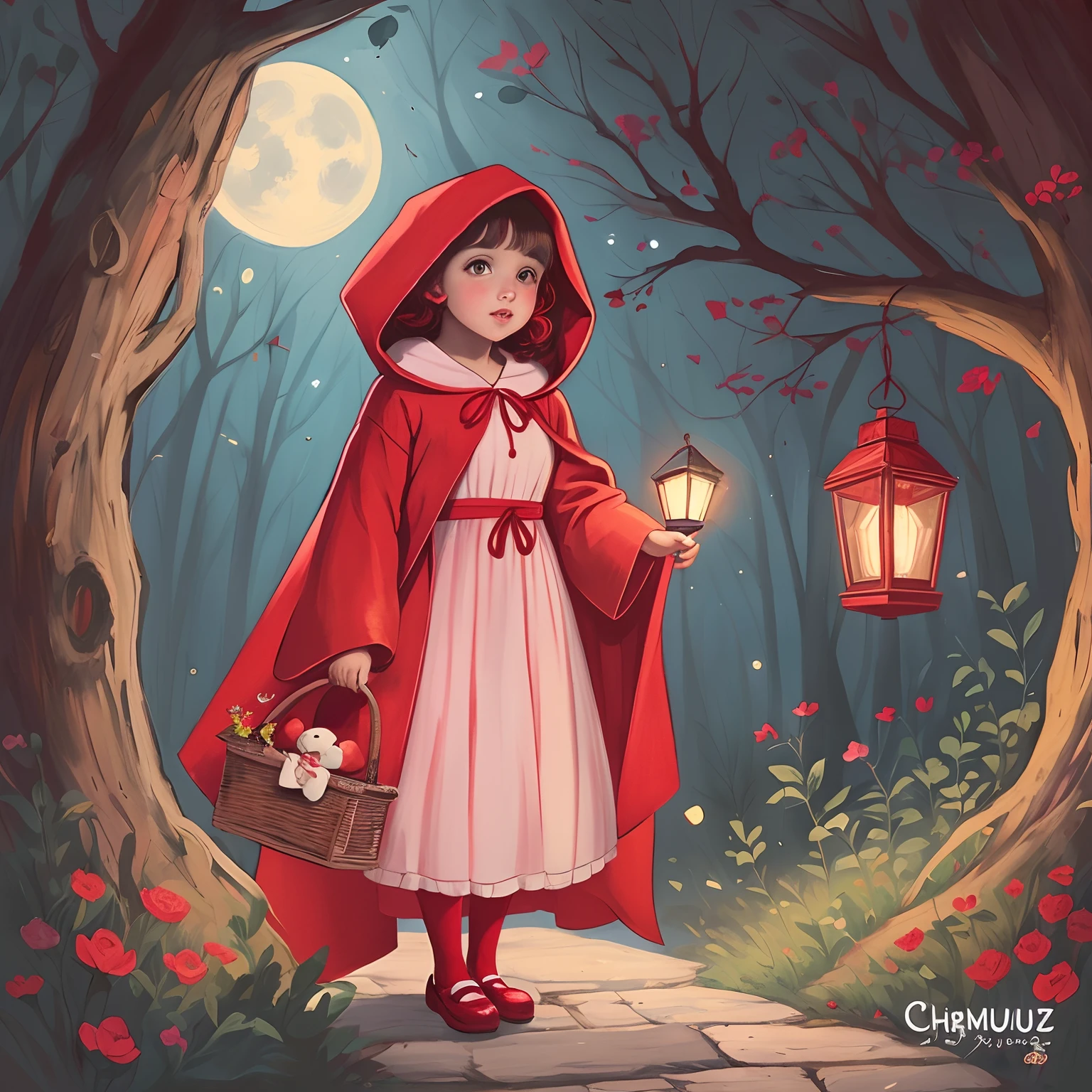 A cartoon girl in a red robe holding a flashlight and a teddy bear, Chapeuzinho Vermelho, Chapeuzinho Vermelho, vestido com um belo manto vermelho, Fanart oficial, fairy-tale illustration style, thief red riding hood, Fanart ", Fanart detalhado, inspirado em Claire Hummel, menina sob a lanterna, Fanart, Capa vermelha, Arte infantil em Artstation, uma capa vermelha