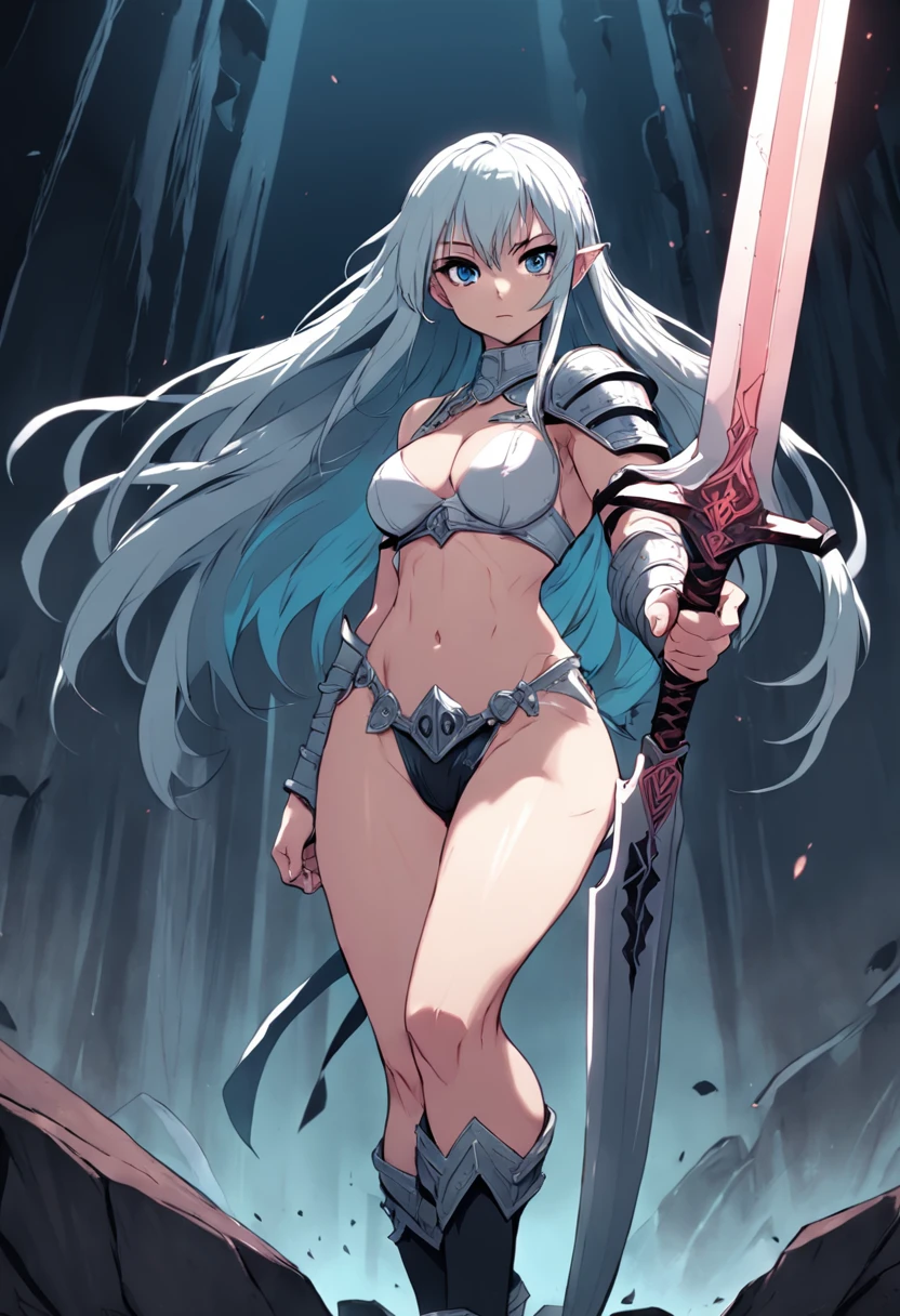 long sword, manga, line art, monochrome, sexy, strong, armor, barbarian, 1girl, dungeon
