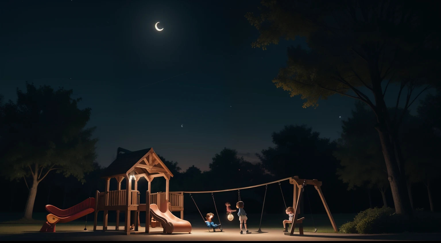 Generate a hyperrealistic 4K image of a playground at night, featuring a swing as the focal point. Pay meticulous attention to the details of the swing, the moonlit surroundings, and the play of shadows, creating an immersive scene.