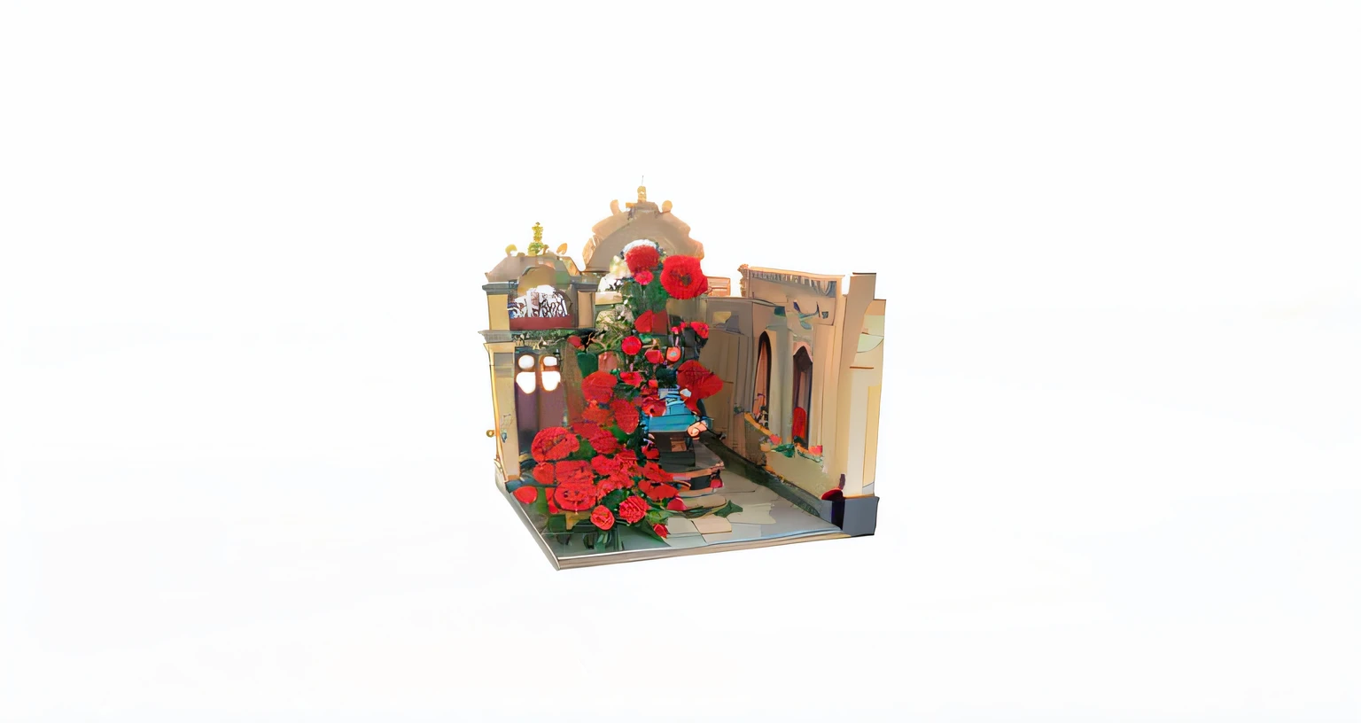 There is a small model of a building with a fountain, the grand temple of flowers, flower shop scene, magister, portal made of roses, Rose garden, detailed intricate render, urban plaza, By senior artists, victorian city, magicavoxel cinematic lighting, establishing shot, ornate city ruins, the flower tower, with archways, voxels art