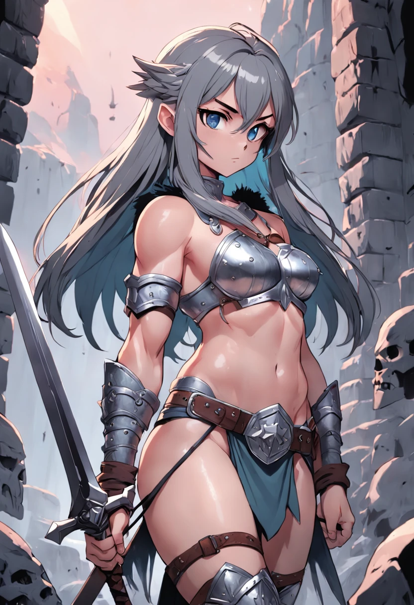 long sword, manga, line art, grayscale, sexy, strong, armor, barbarian, 1girl, dungeon