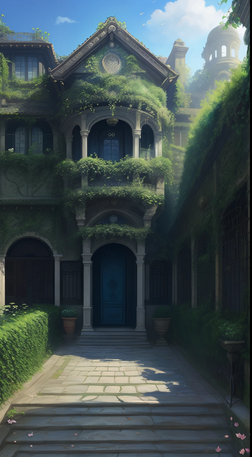 lotus flowers and leaves, (realistic), best quality, dynamic colors, swirls, architectural streets, a character portrait, blue eyes, vines, landscape, clear sky, black colors, chains connected to rings, digital painting, ultra high res,