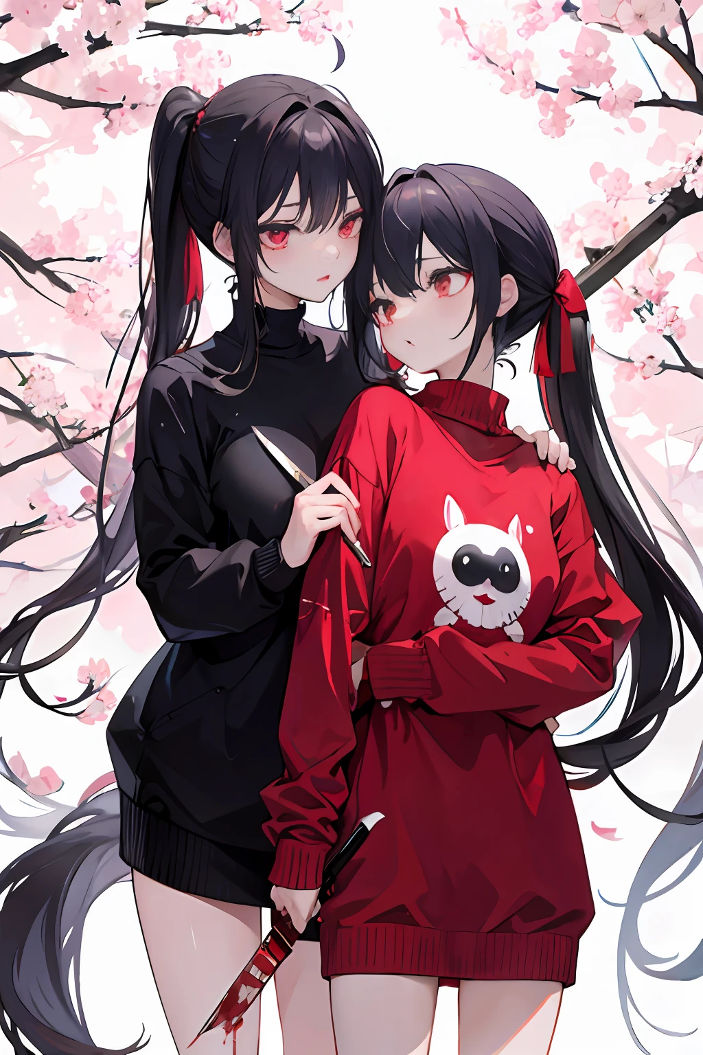 2girls、nightcity、Great body、Great legs、Sweater with blood on it、A dark-haired、Holding a weapon with blood on it、Looking at the camera、Cherry blossoms are dancing、poneyTail、Niō Standing、Holding a knife、Pointed mouth、Ordinary girl、Both are kissing、Touching the body、Licking each other、Kissing、Looks distressed