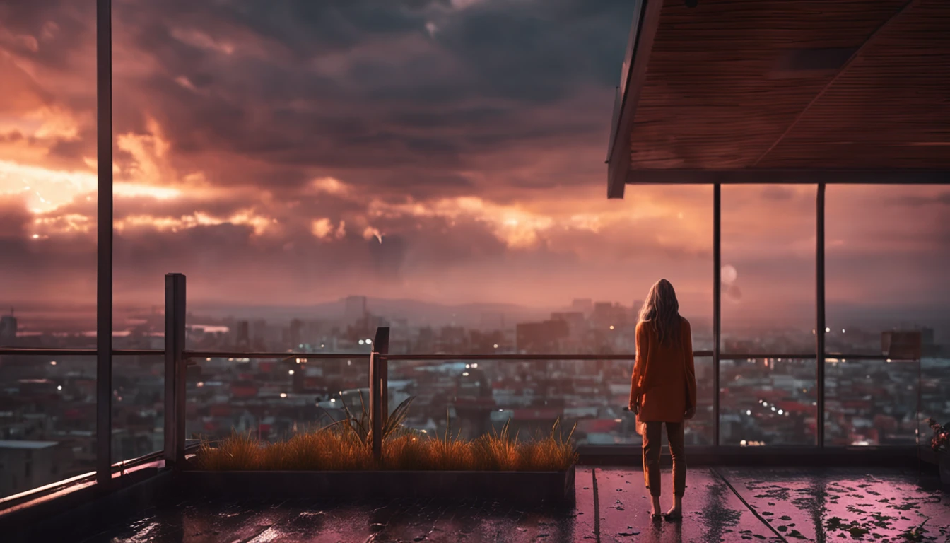 Beautiful girl enjoying rain on the roof of a house at sunset, 8K, Photorealistic