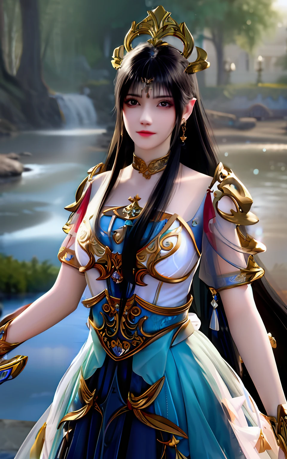A woman in a blue dress holding a sword and a sword - SeaArt AI