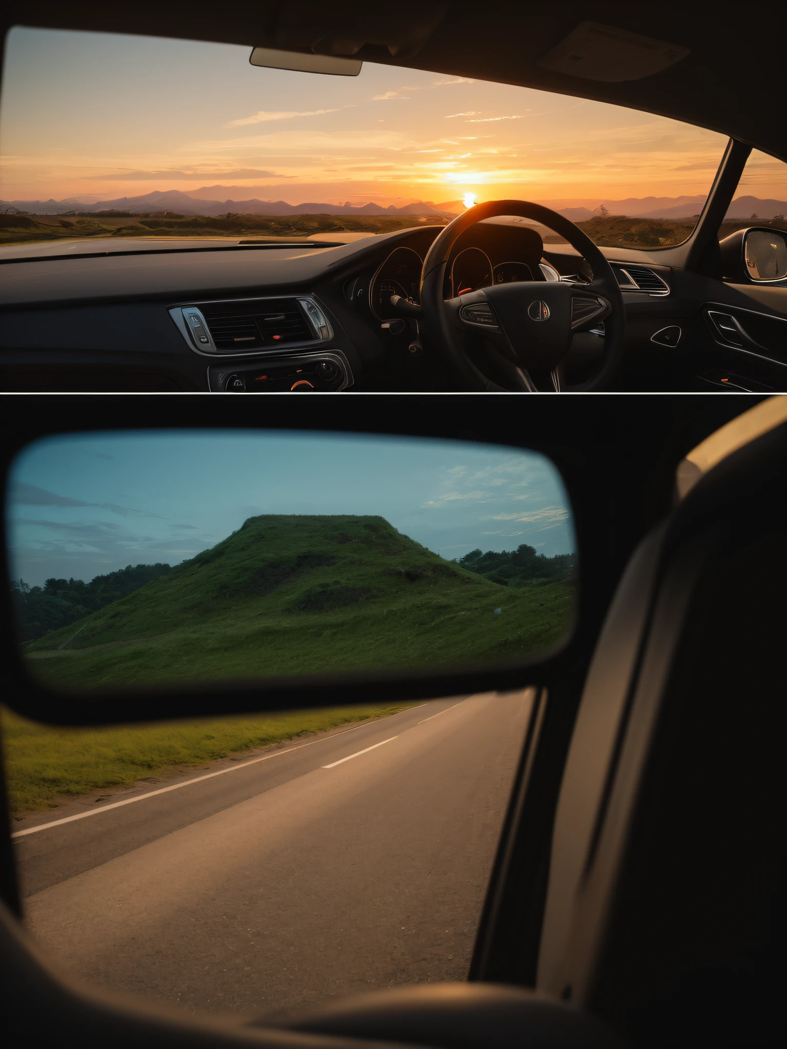 evening light，Look out from afar in the car，The picture is realistic，plethora of colors，Gorgeous and colorful，Shoot at night，positive，natural style，hdr shot，Inside the car，Look inside the car，Sunset directly ahead，Faraway view，Blurred foreground，Ultra-clear details，Ultra photo realsisim，telephoto lenses