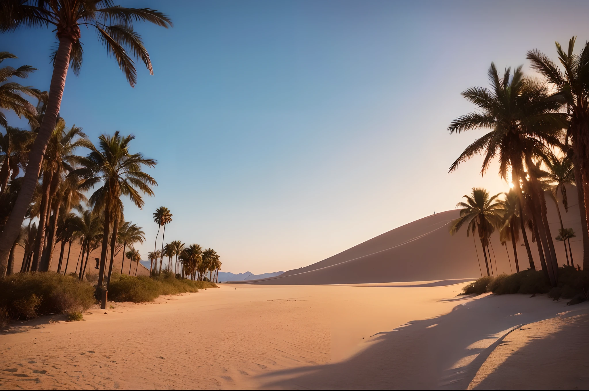 "An astounding masterpiece depicting the mesmerizing beauty of a desert. Best quality, ultra-detailed CG unity 8k wallpaper. The scorching sun casts dramatic shadows across the sand dunes, creating a captivating play of light and shadow. The vastness of the desert stretches as far as the eye can see, with the golden sand merging seamlessly with the clear blue sky. The tranquil silence of the desert is broken only by a gentle breeze rustling through the palm trees. The scene is surreal and serene, evoking a sense of awe and wonder.+"